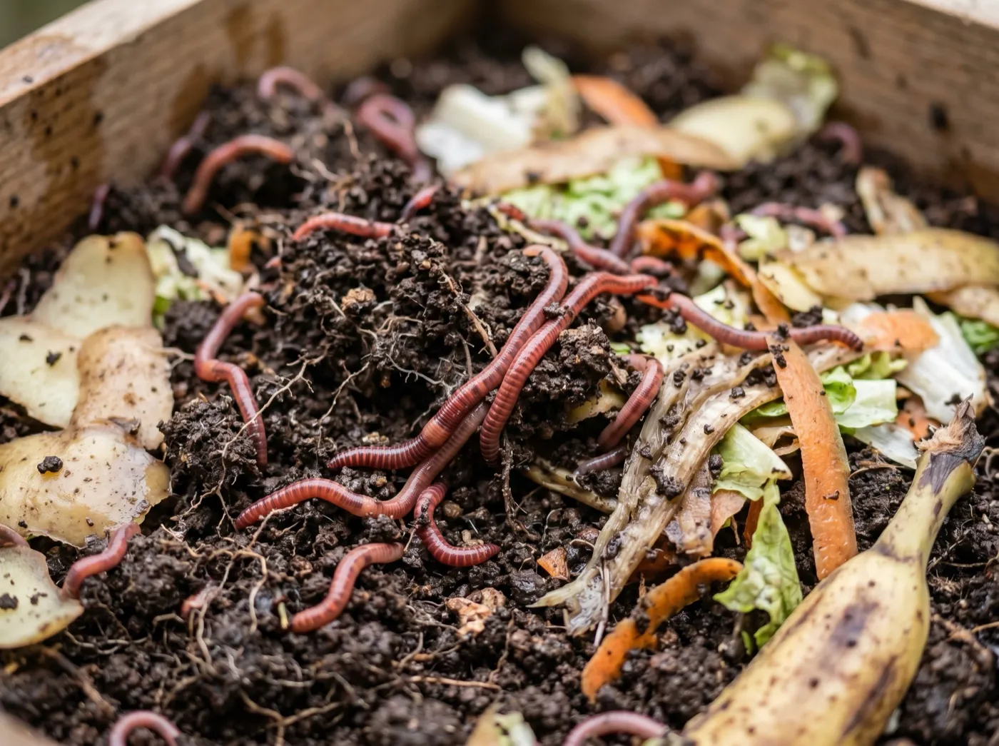 Close-up of striped tiger worms working through vegetable scraps in dark wormery compost