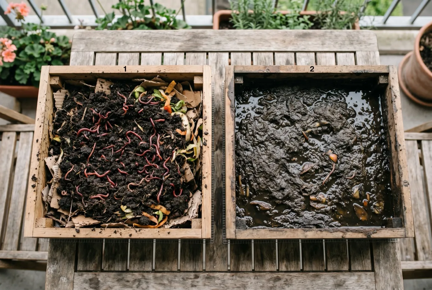 Side-by-side comparison of healthy dark fluffy wormery bedding and soggy waterlogged failed bedding