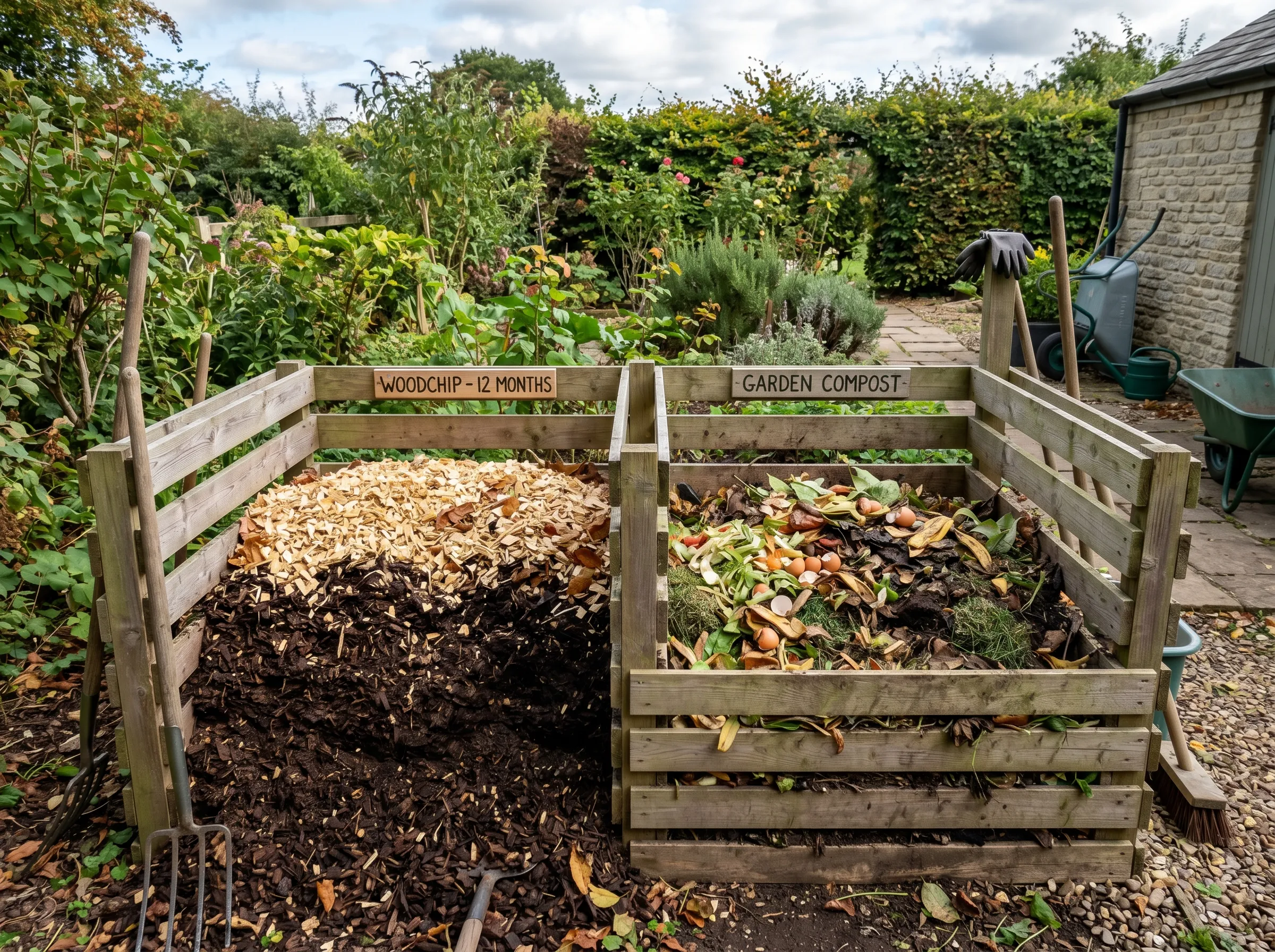 UK garden composting setup showing a separate woodchip composting pile alongside a regular compost heap, both with timber-frame sides, the woodchip pile partly broken down to dark colour after 12 months, contrasted with fresh light-coloured chip on top