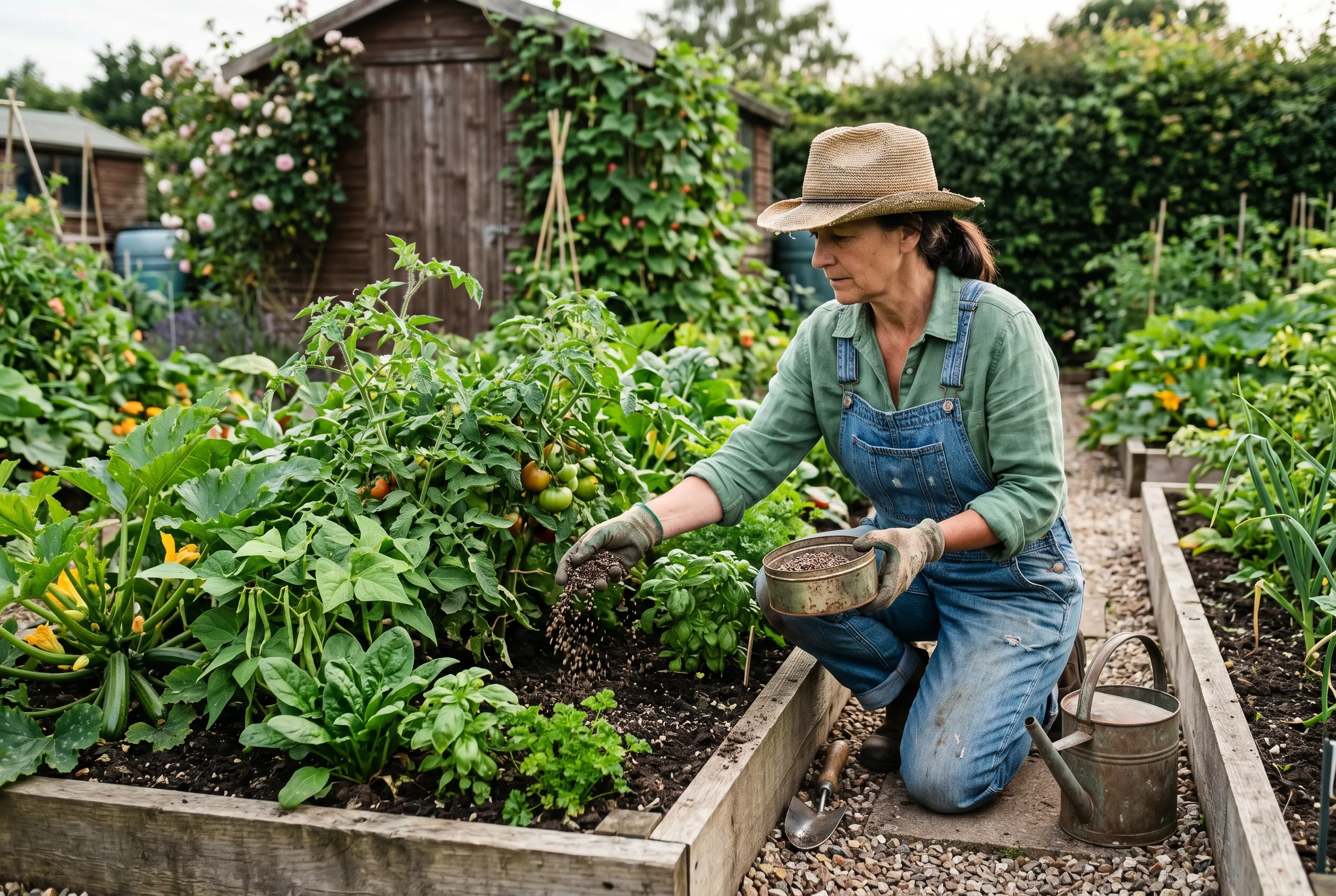 A gardener applying home-mixed granular fertiliser around healthy vegetable plants in a productive UK raised bed