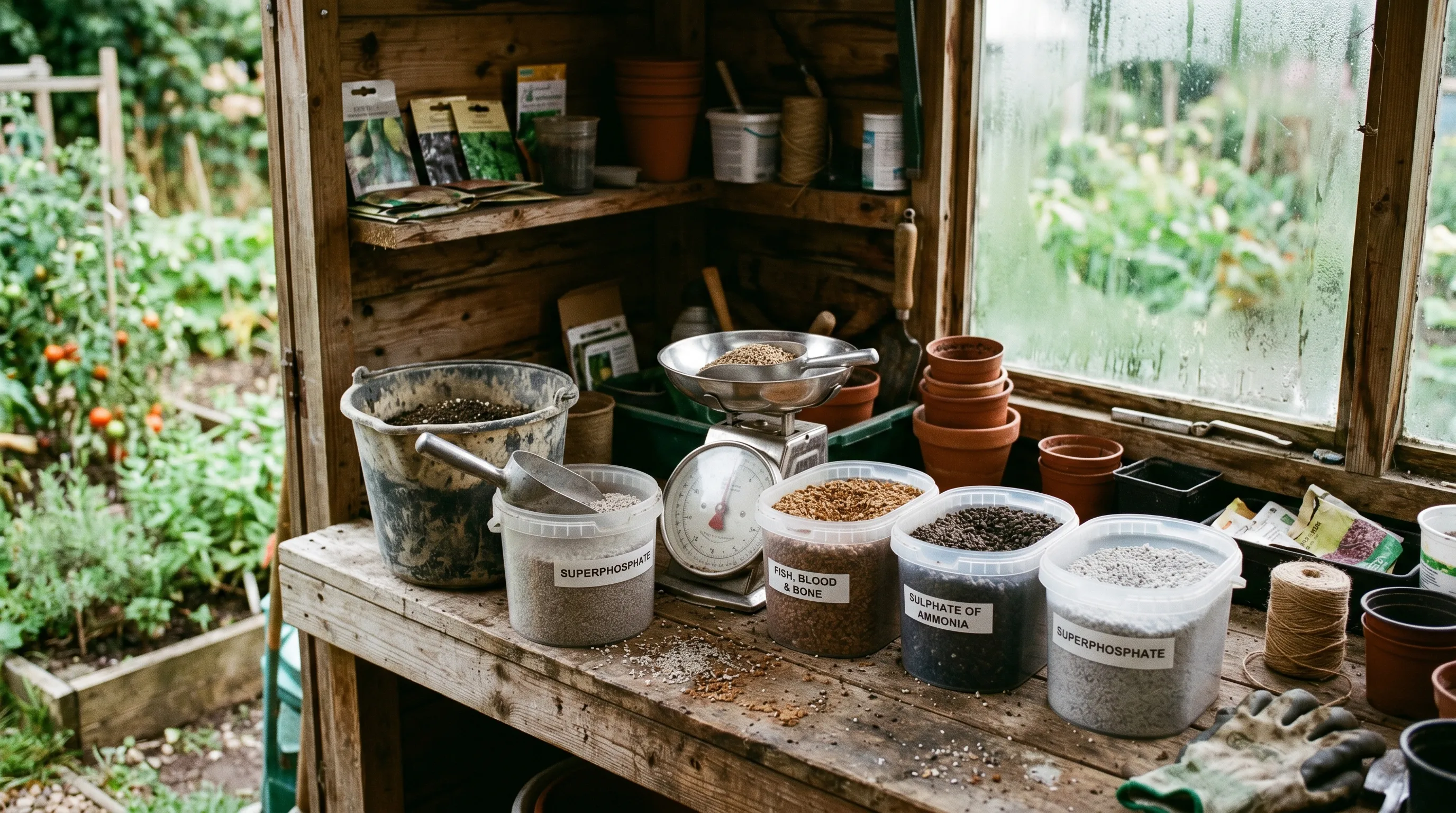 A potting shed bench with tubs of straight fertilisers, a scale and a mixing bucket for blending your own feed