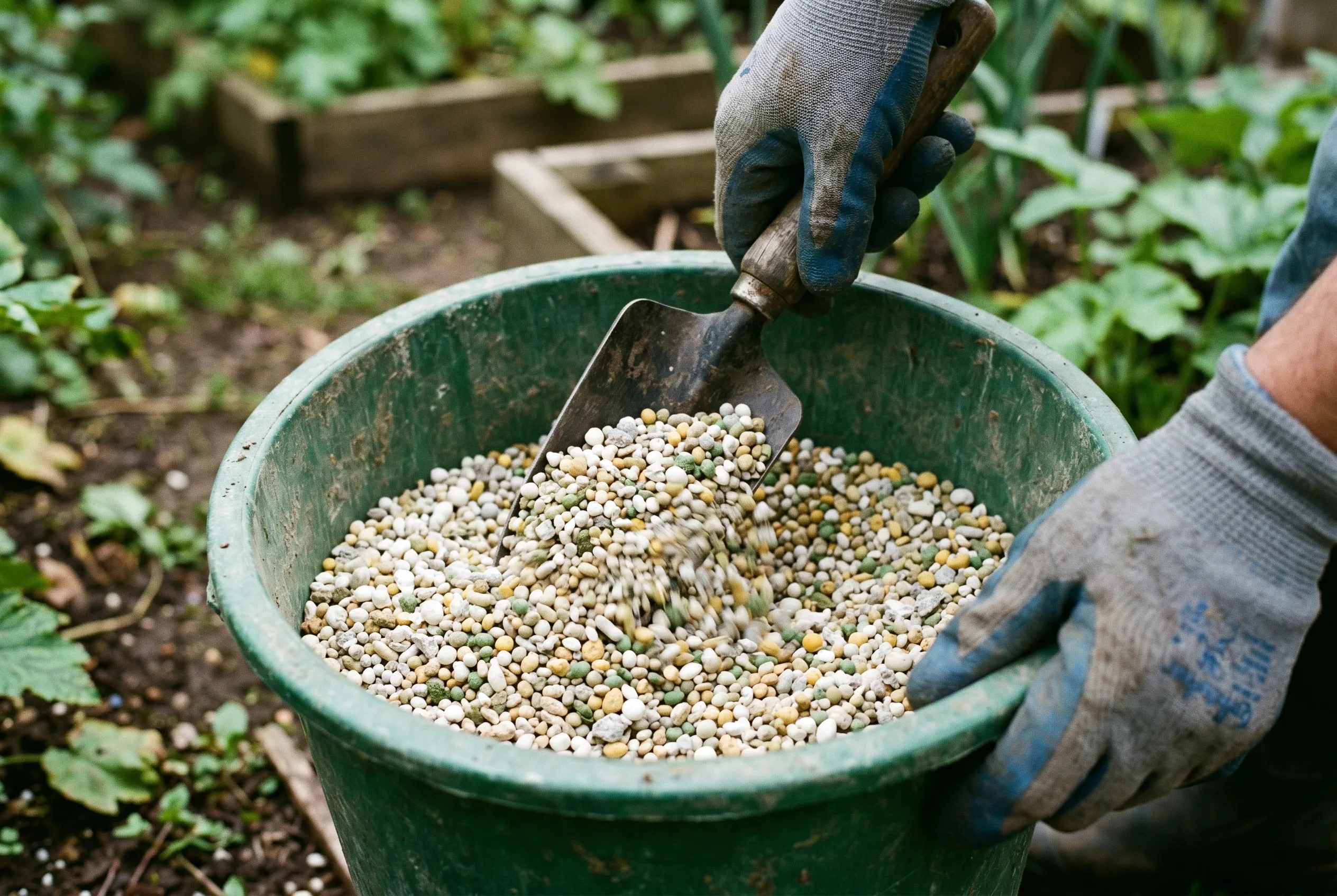 Gloved hands mixing a pale granular fertiliser blend together in a large bucket with a trowel