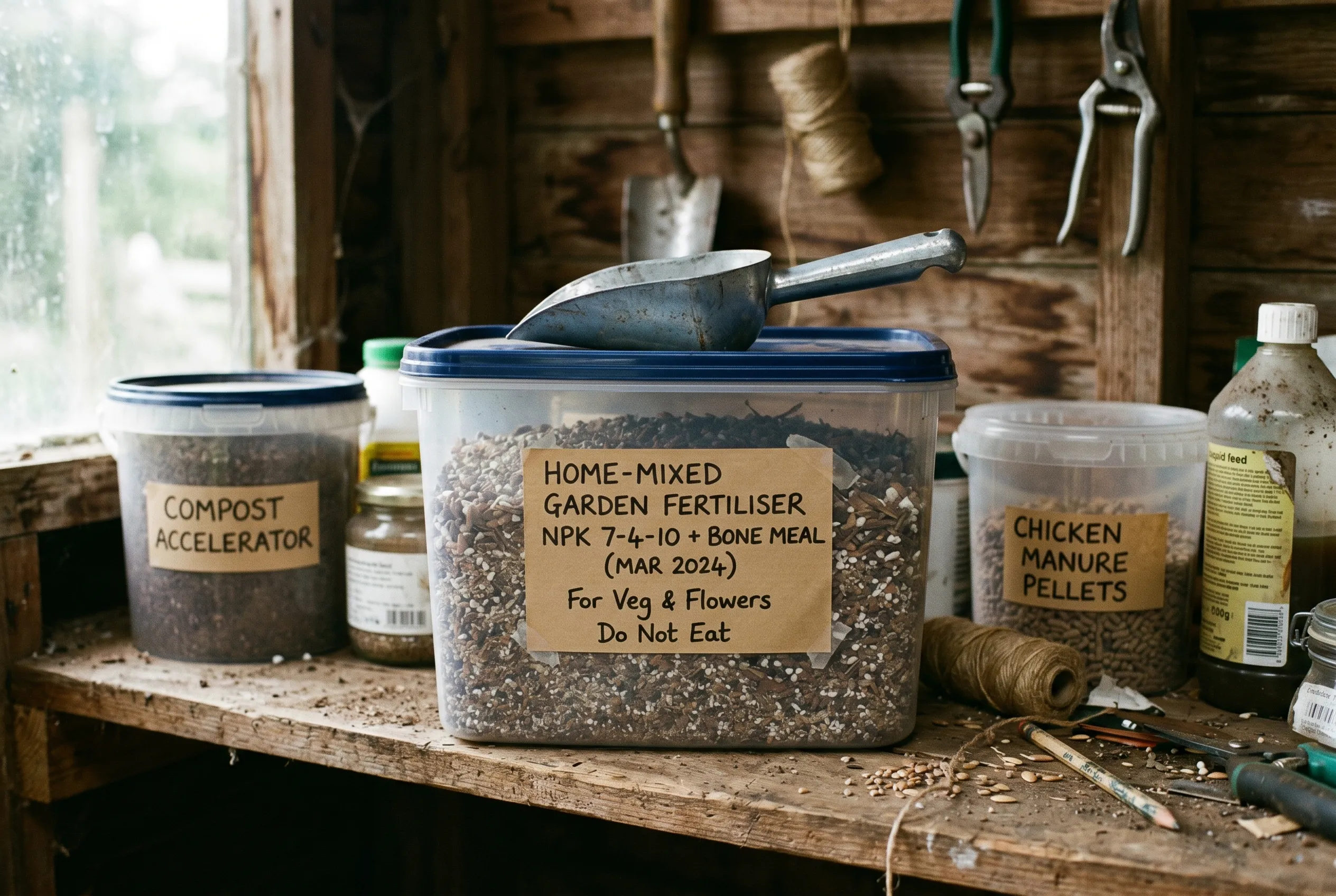 A labelled airtight storage tub of home-mixed garden fertiliser with a handwritten label and a scoop on a shed shelf
