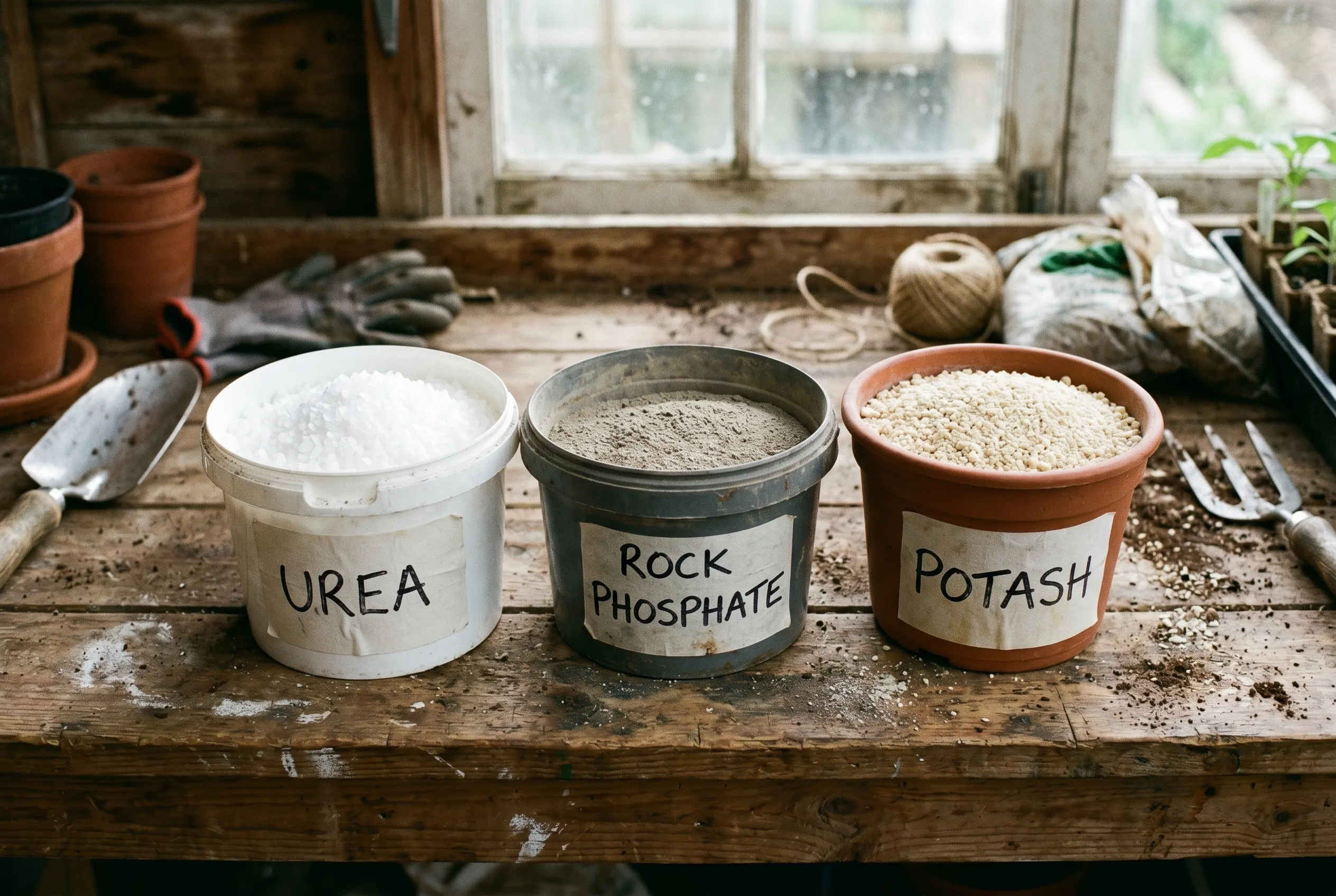 Three labelled tubs of straight garden fertilisers side by side on a wooden bench