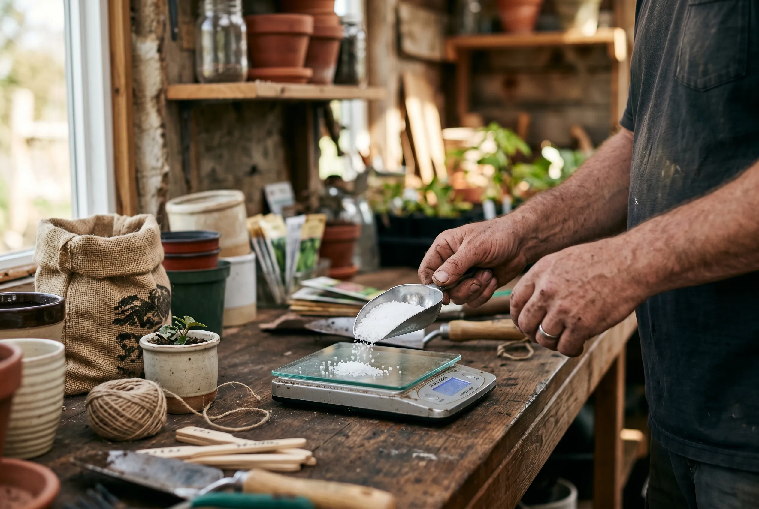 A gardener weighing out a scoop of white fertiliser crystals on a small digital kitchen scale