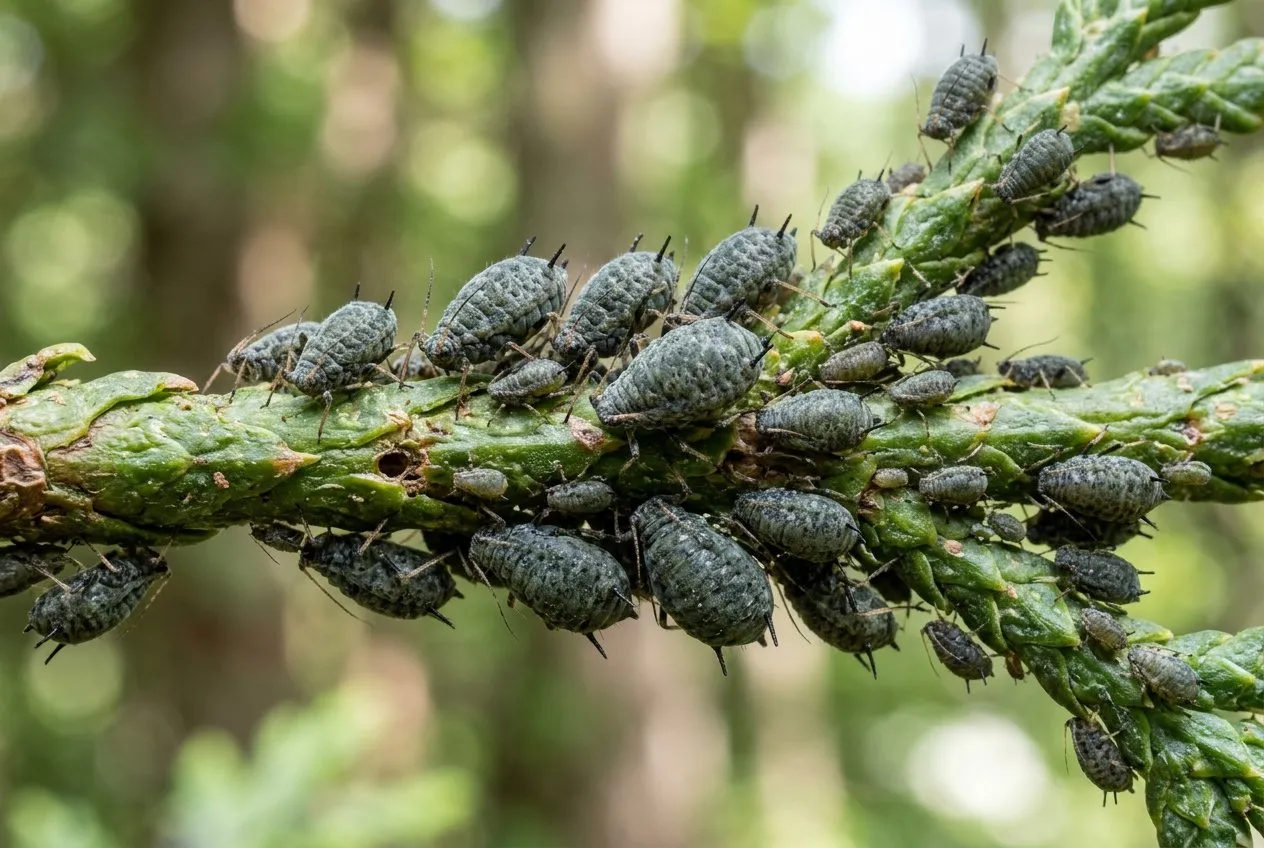 Macro close-up of large grey-green conifer aphids clustered along a cypress shoot