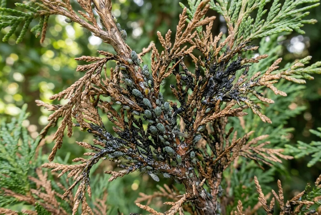 Close-up of a conifer shoot browning from aphid damage, with grey-green aphids and sticky honeydew visible