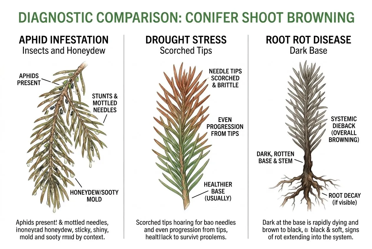 Diagnostic chart comparing three browning conifer shoots side by side, one with aphids, one drought-scorched, one root-rotted