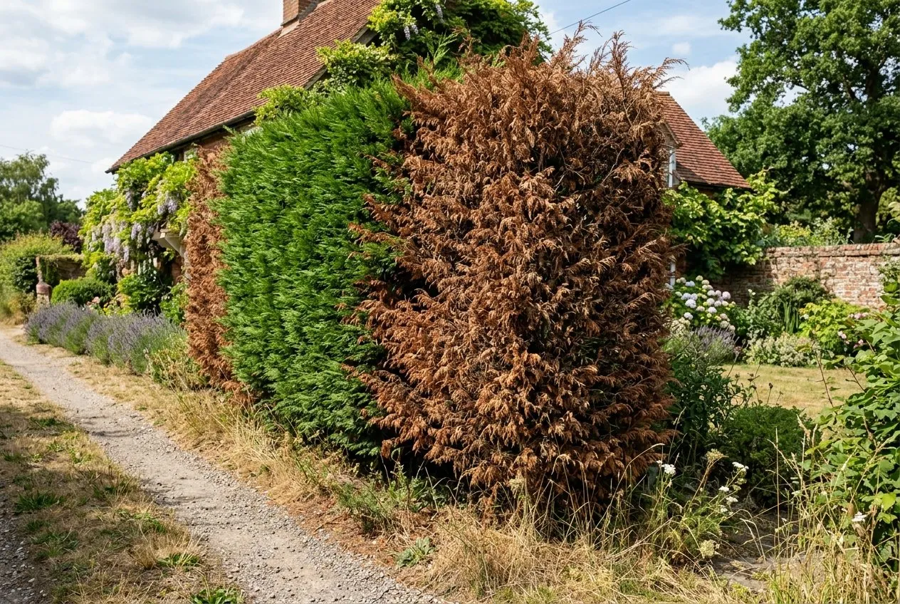 A conifer hedge brown and scorched along its exposed sunny west-facing side after a dry summer