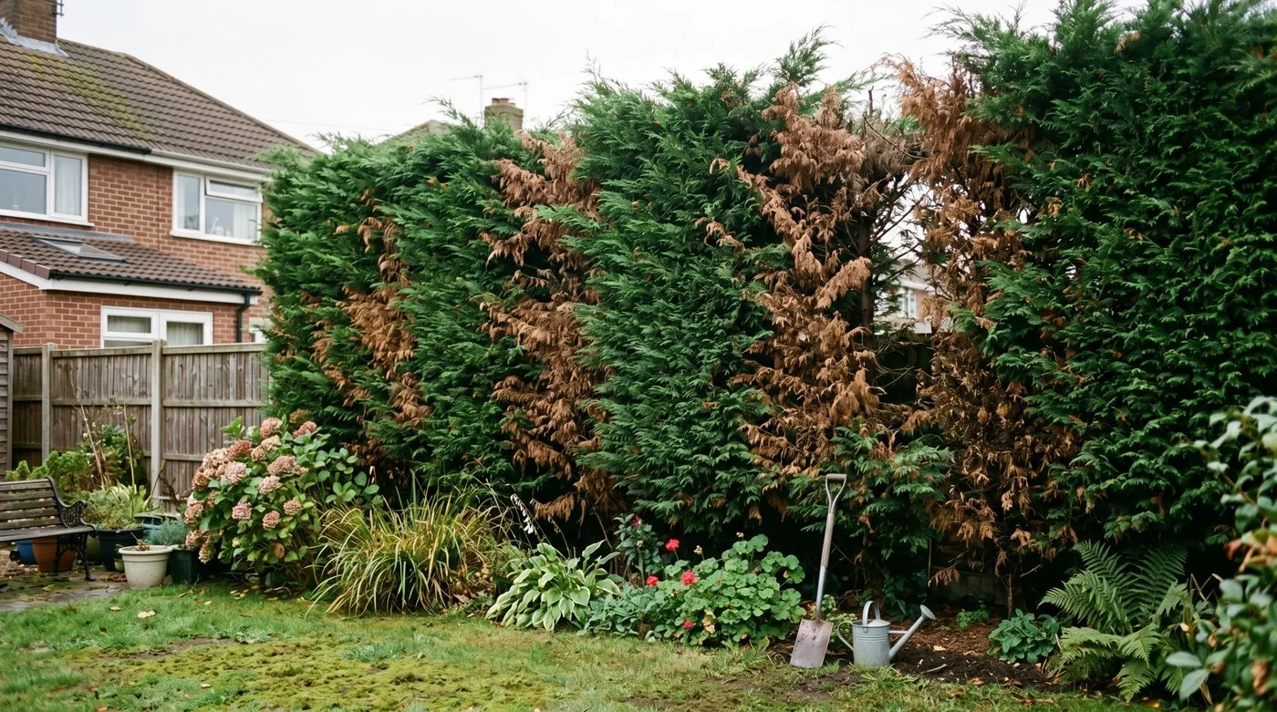 A leylandii conifer hedge with large brown dead patches among the green foliage in a UK garden