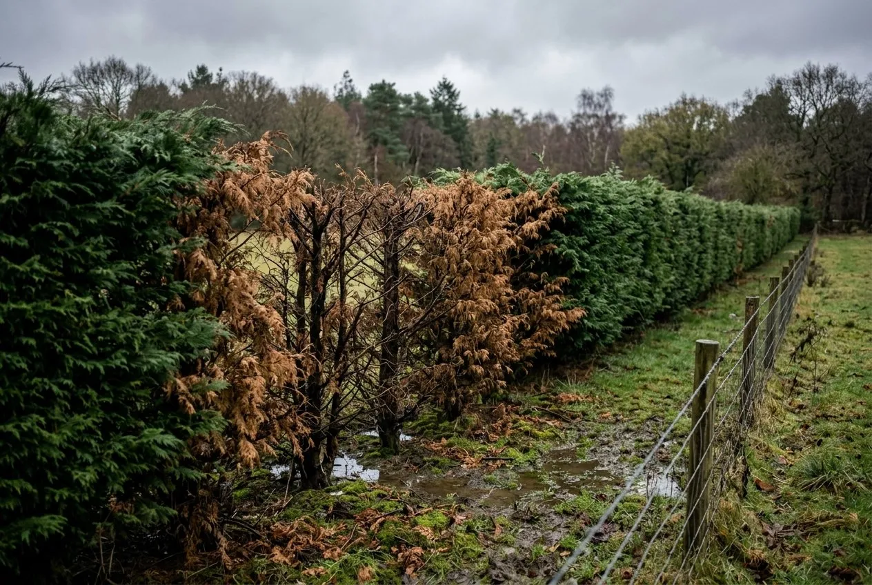 A conifer hedge with whole plants dead and brown in a patch on wet ground, killed by Phytophthora root rot