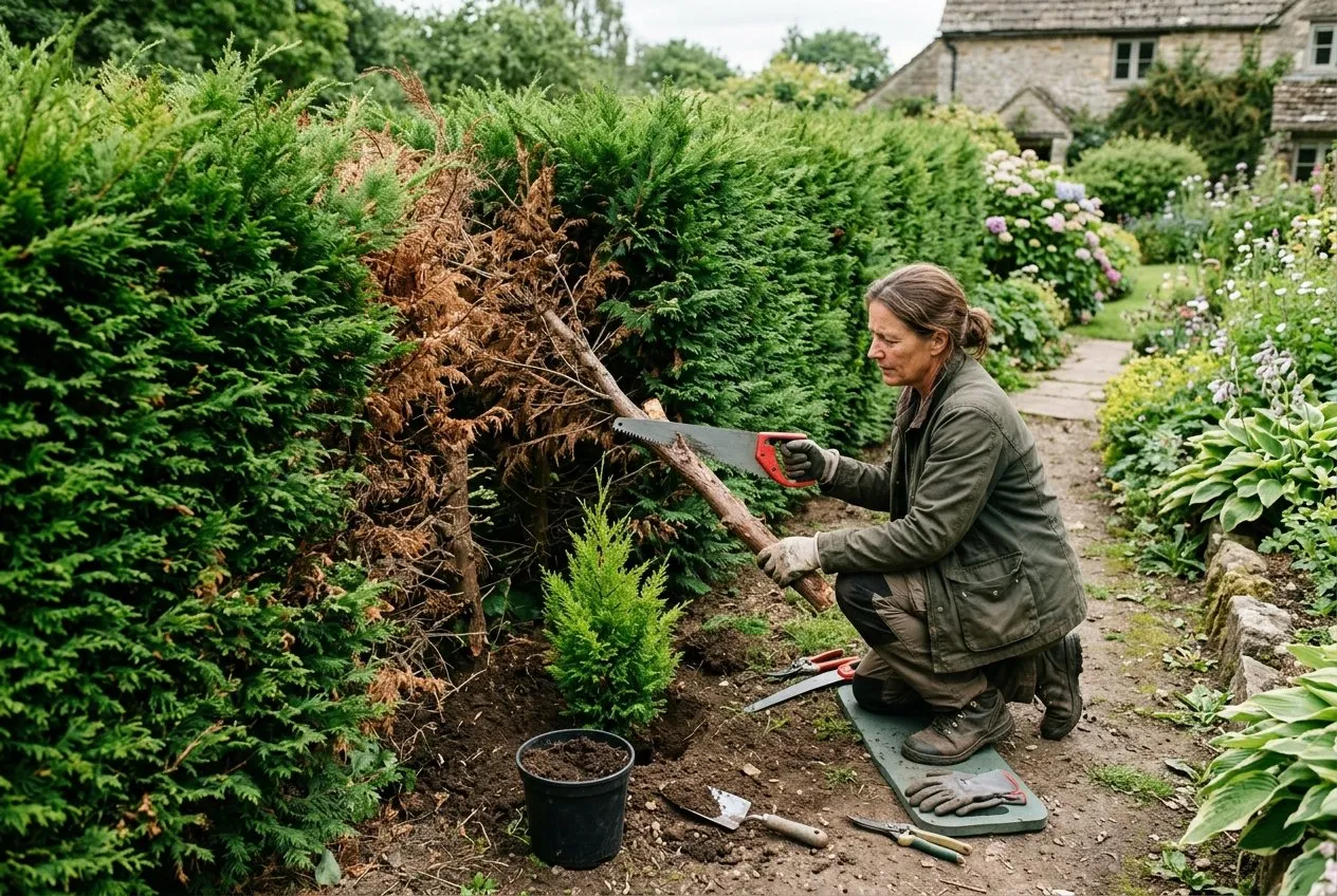 A gardener cutting out a dead brown section of conifer hedge and interplanting a young replacement shrub