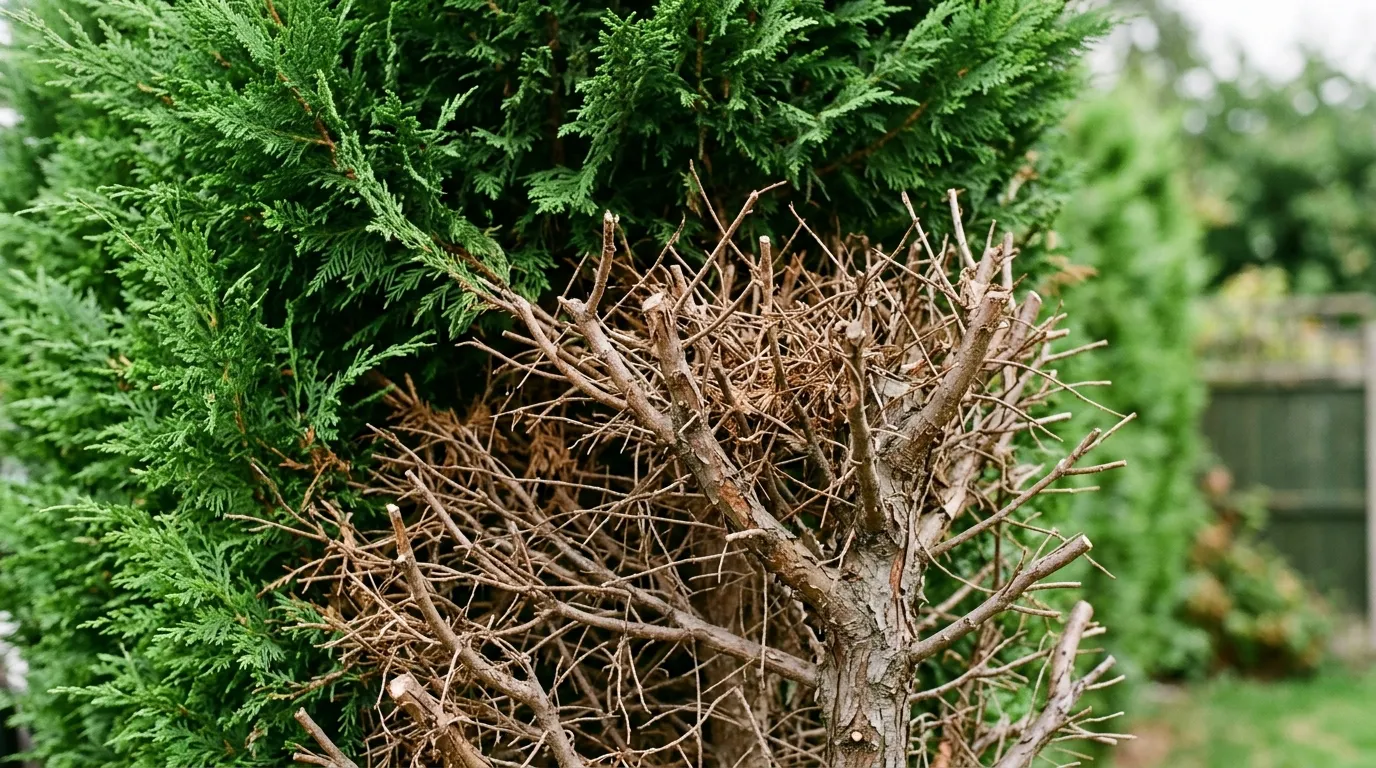Close-up of a Leylandii conifer cut back into the brown zone, showing bare brown twigs and stubby branches with no green regrowth