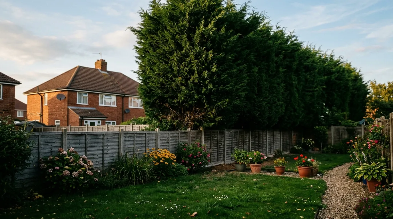 An overgrown Leylandii hedge towering 8 metres above a UK suburban garden, the classic too big conifer problem requiring staged reduction or replacement