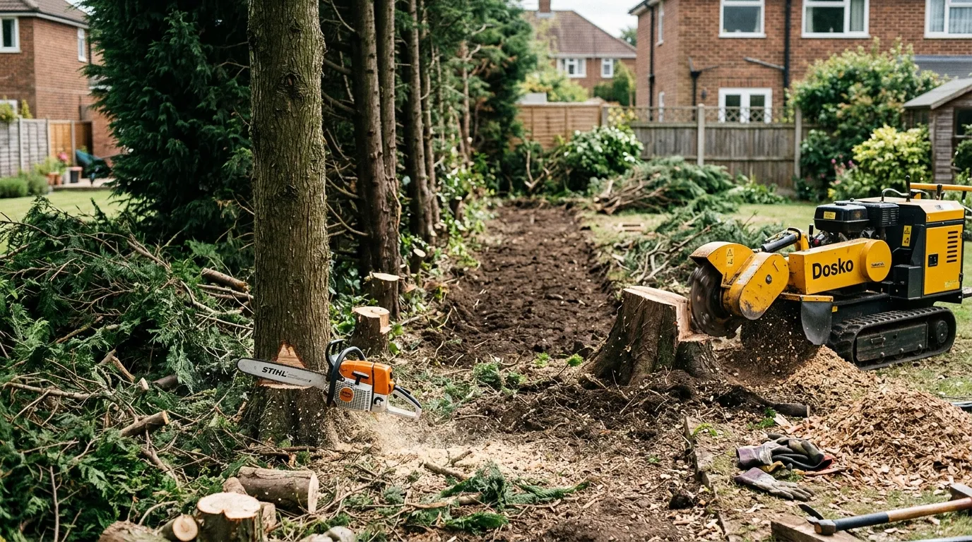 Workers removing a row of overgrown Leylandii with a chainsaw, fresh stumps and bare soil ready for replanting visible