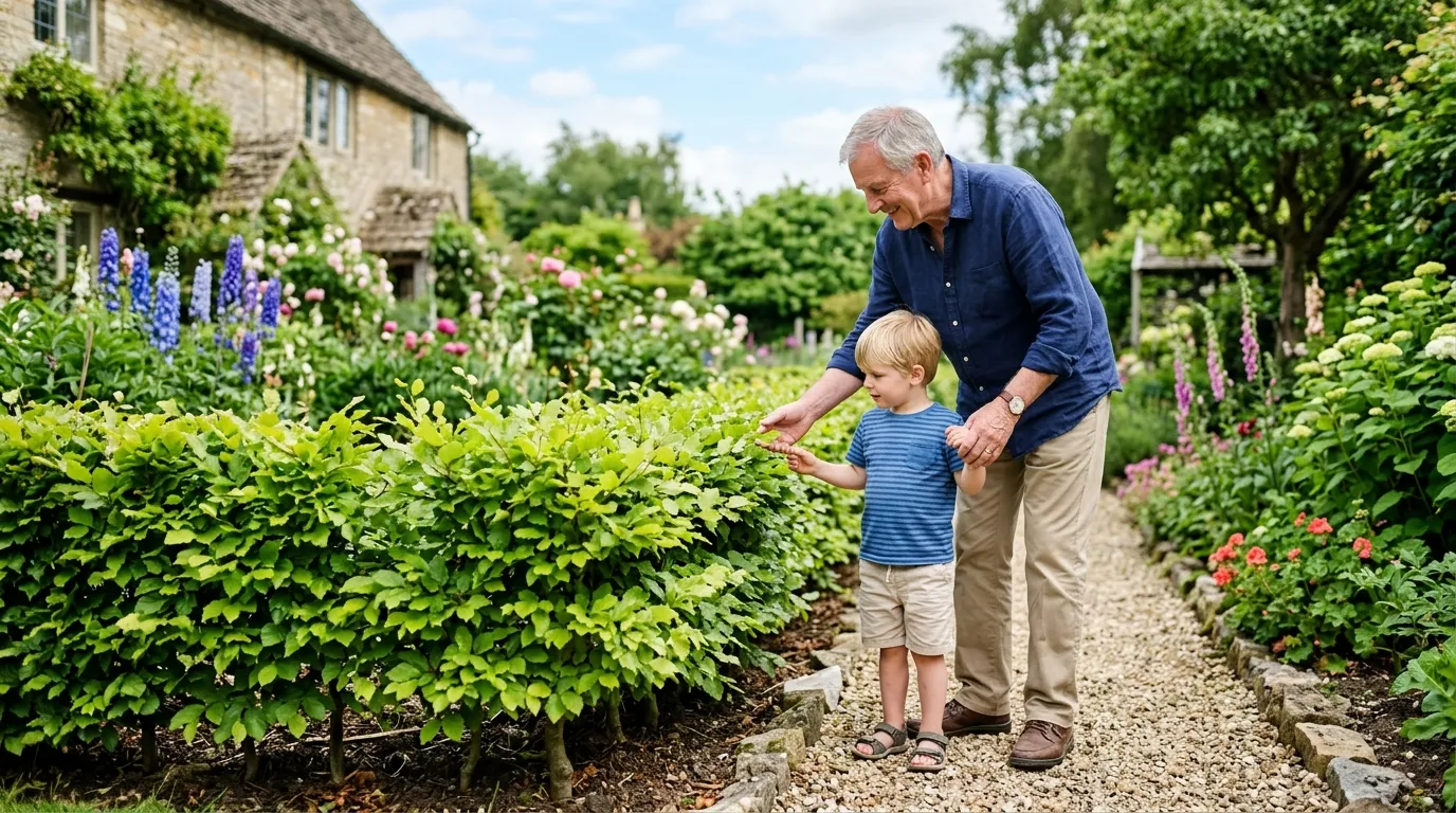 A neatly clipped young beech hedge planted as a replacement for removed Leylandii, around 1.5 metres tall, with mature garden borders behind