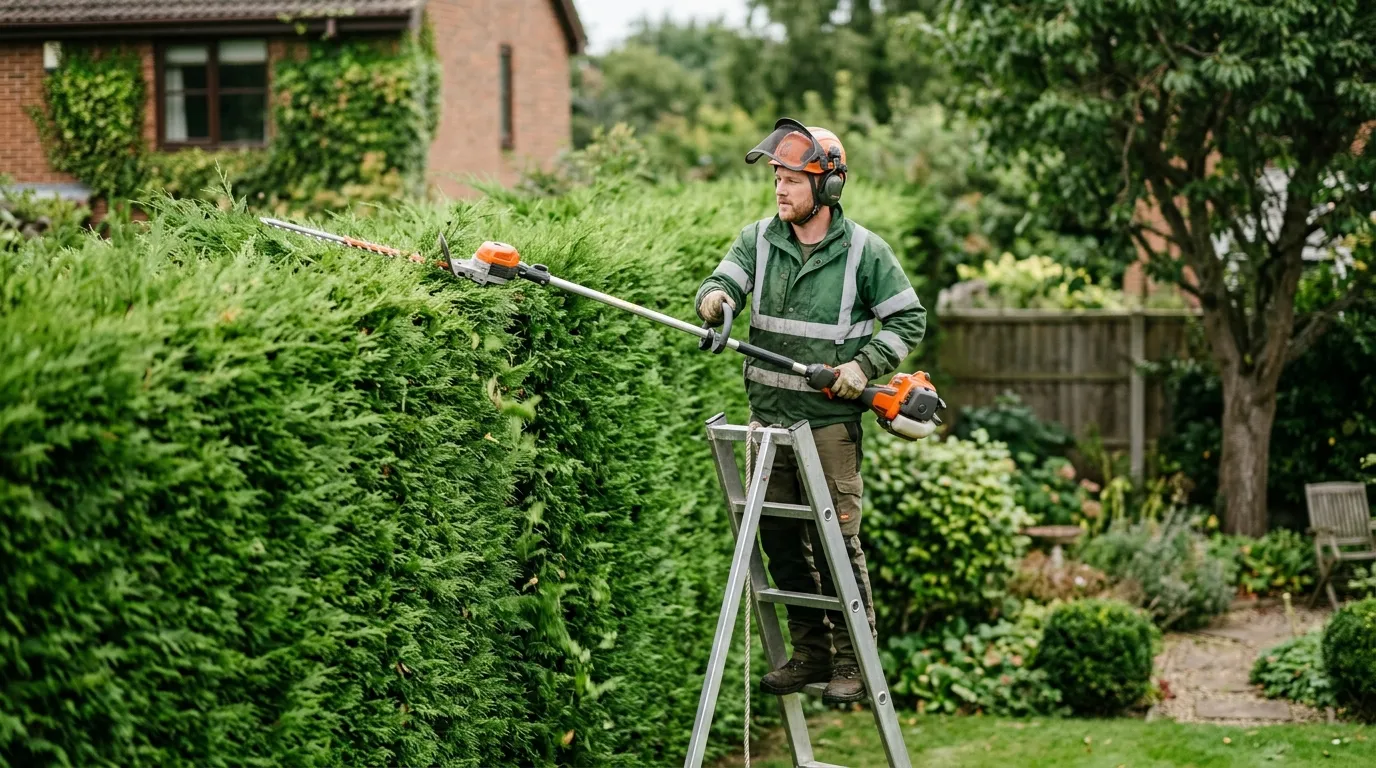 A tree surgeon trimming the top of a Leylandii hedge with a long-reach petrol trimmer, standing on a platform ladder, taking around 30% off the top in late summer