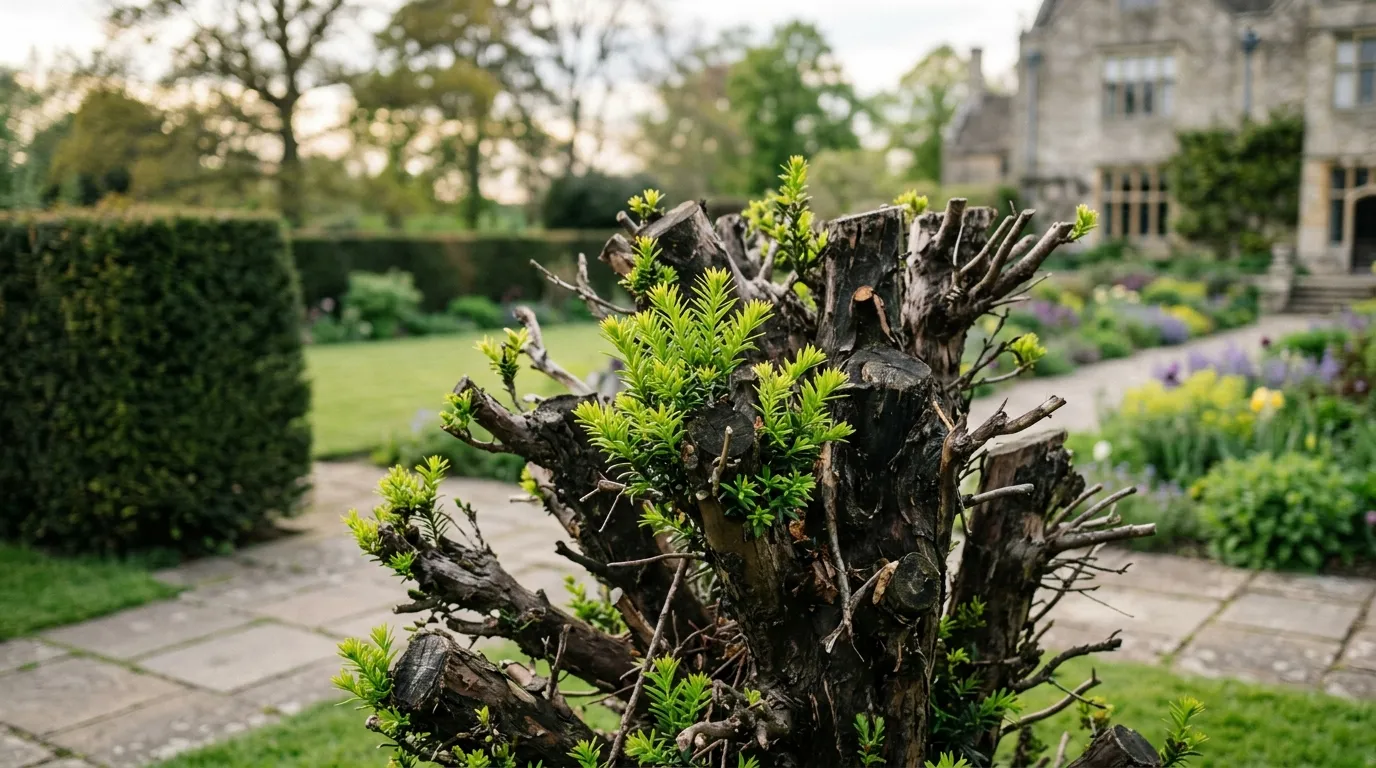 A yew hedge clipped back hard to bare brown wood and stumps, with visible fresh green shoots emerging from the old wood