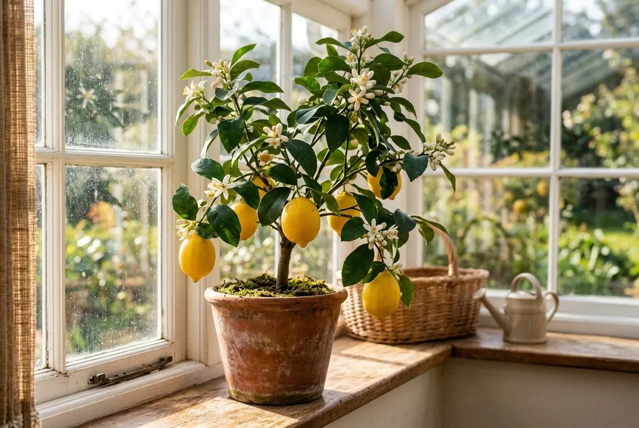 A potted lemon tree in fruit and flower in a bright UK conservatory next to a sunny window