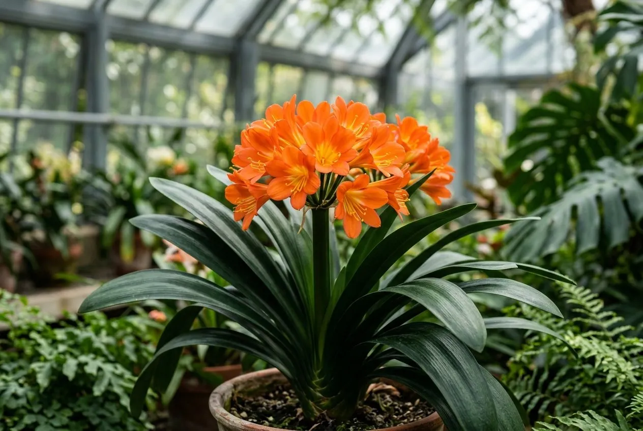 Clivia with bright orange flower heads above strap-shaped leaves on the shadier side of a conservatory