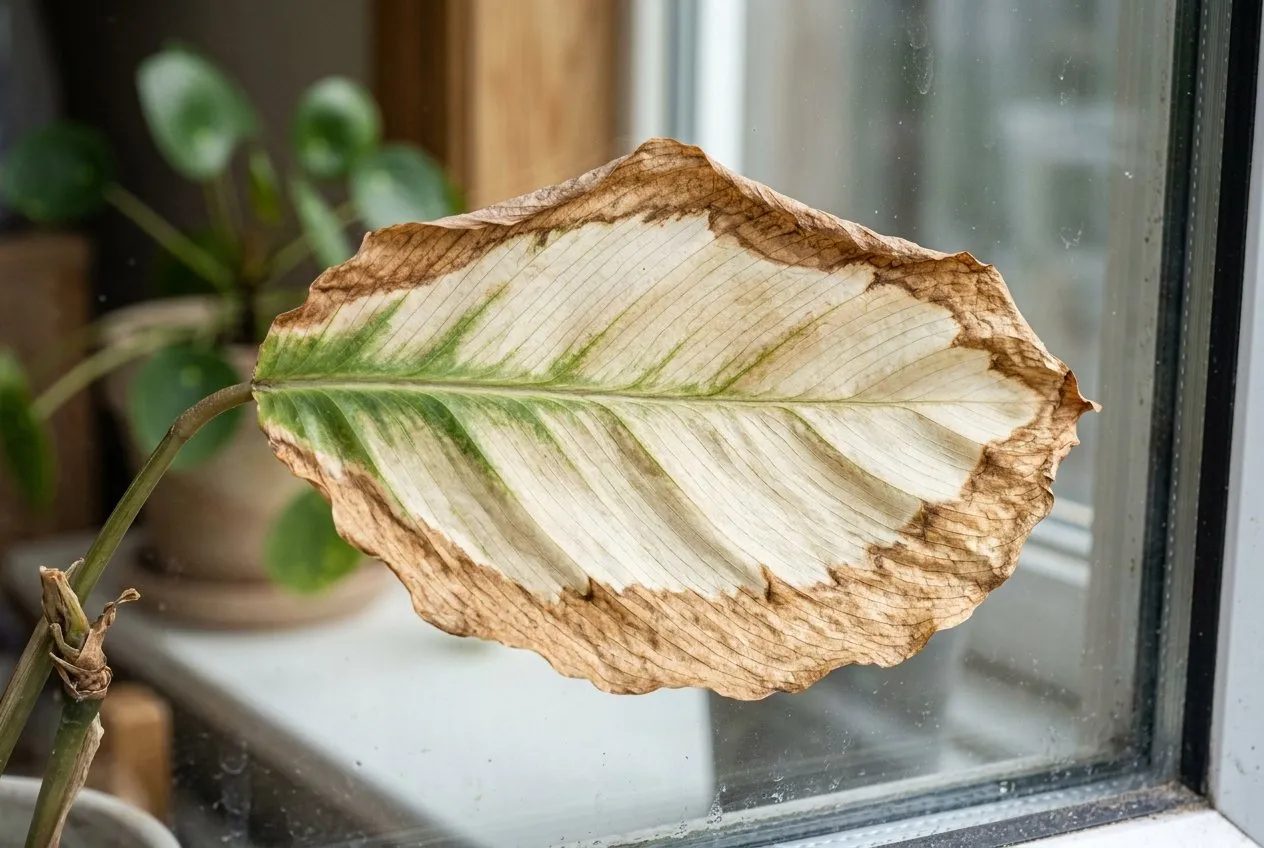 Close-up of a houseplant leaf bleached pale and browned at the edges from sun scorch behind conservatory glass