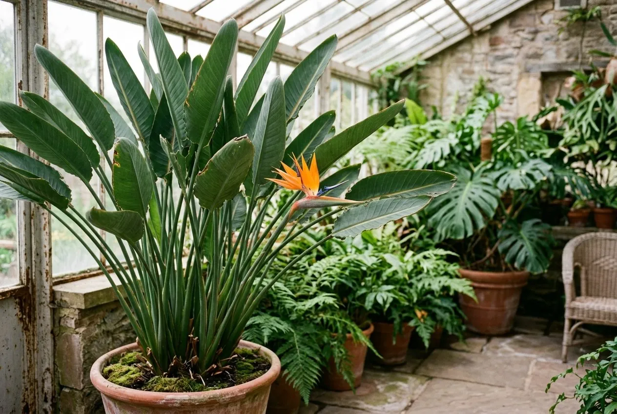 A mature bird of paradise Strelitzia with large paddle leaves and an orange flower in a bright conservatory