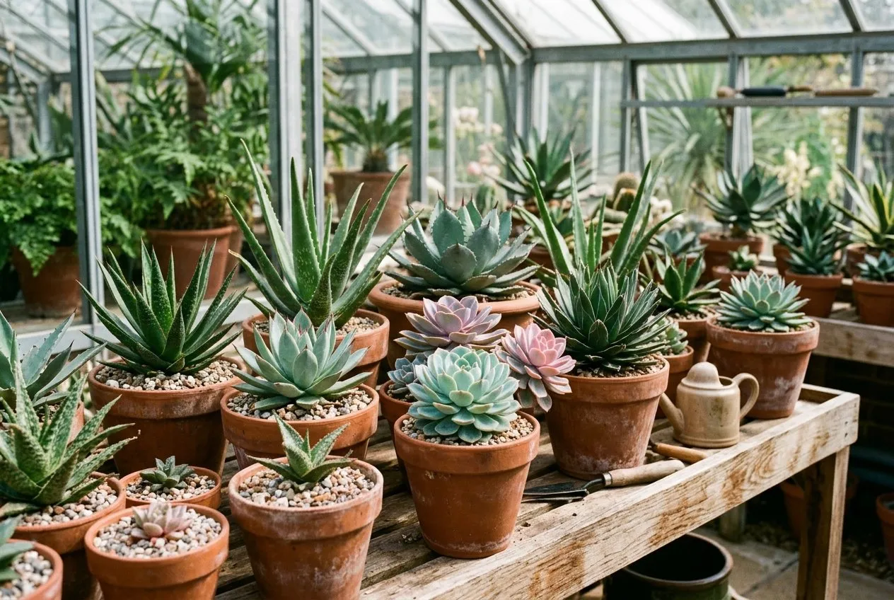 A grouped display of agave, aloe and echeveria succulents in terracotta pots on a sunny conservatory shelf