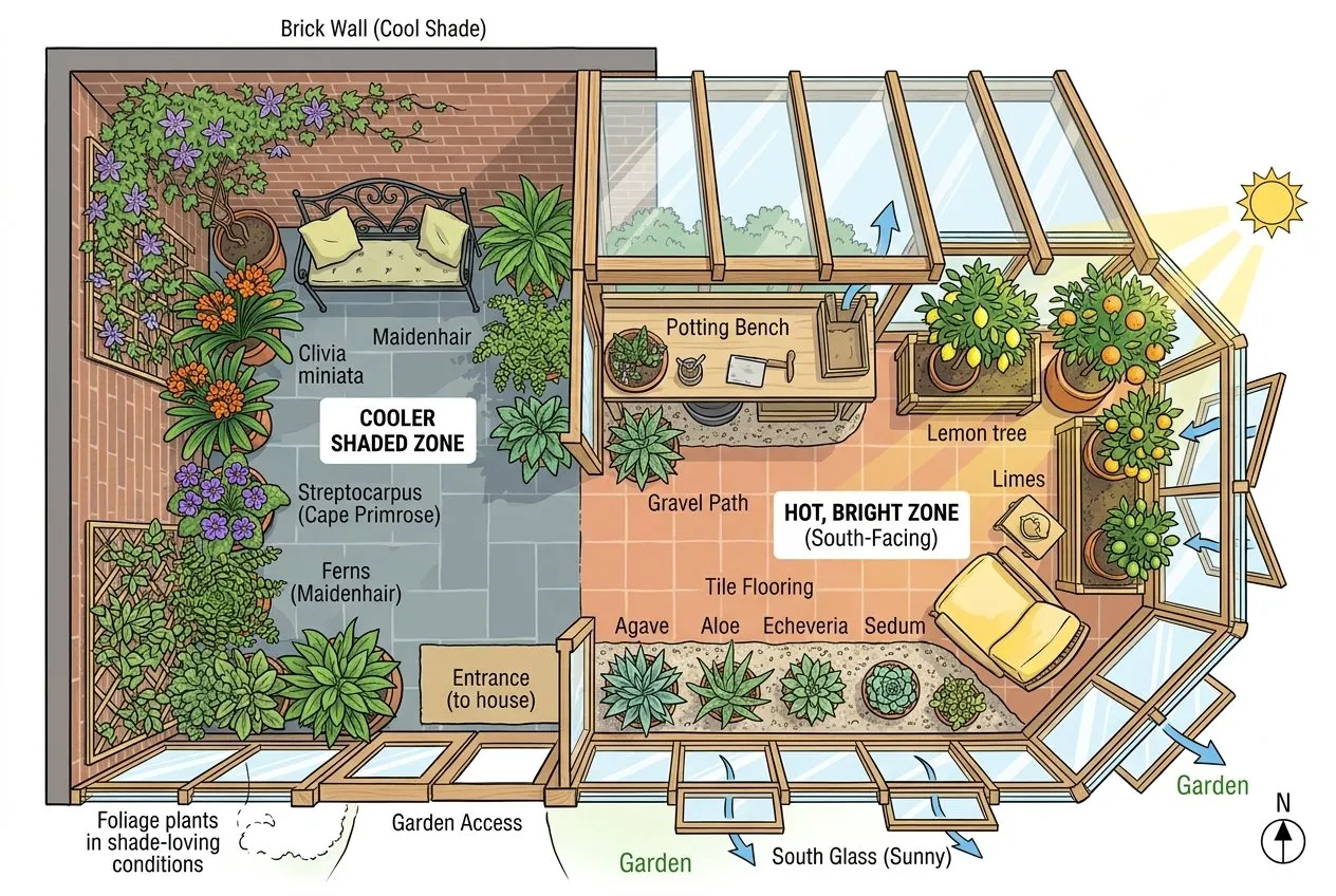 Diagram of a conservatory floor plan showing hot sunny zone, cooler shaded zone and which plant types suit each
