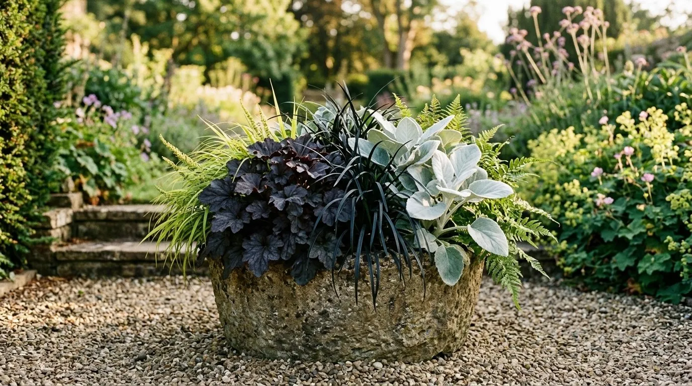 Foliage-led UK container combination featuring heuchera black mondo grass and silver senecio in a stone planter with contemporary design