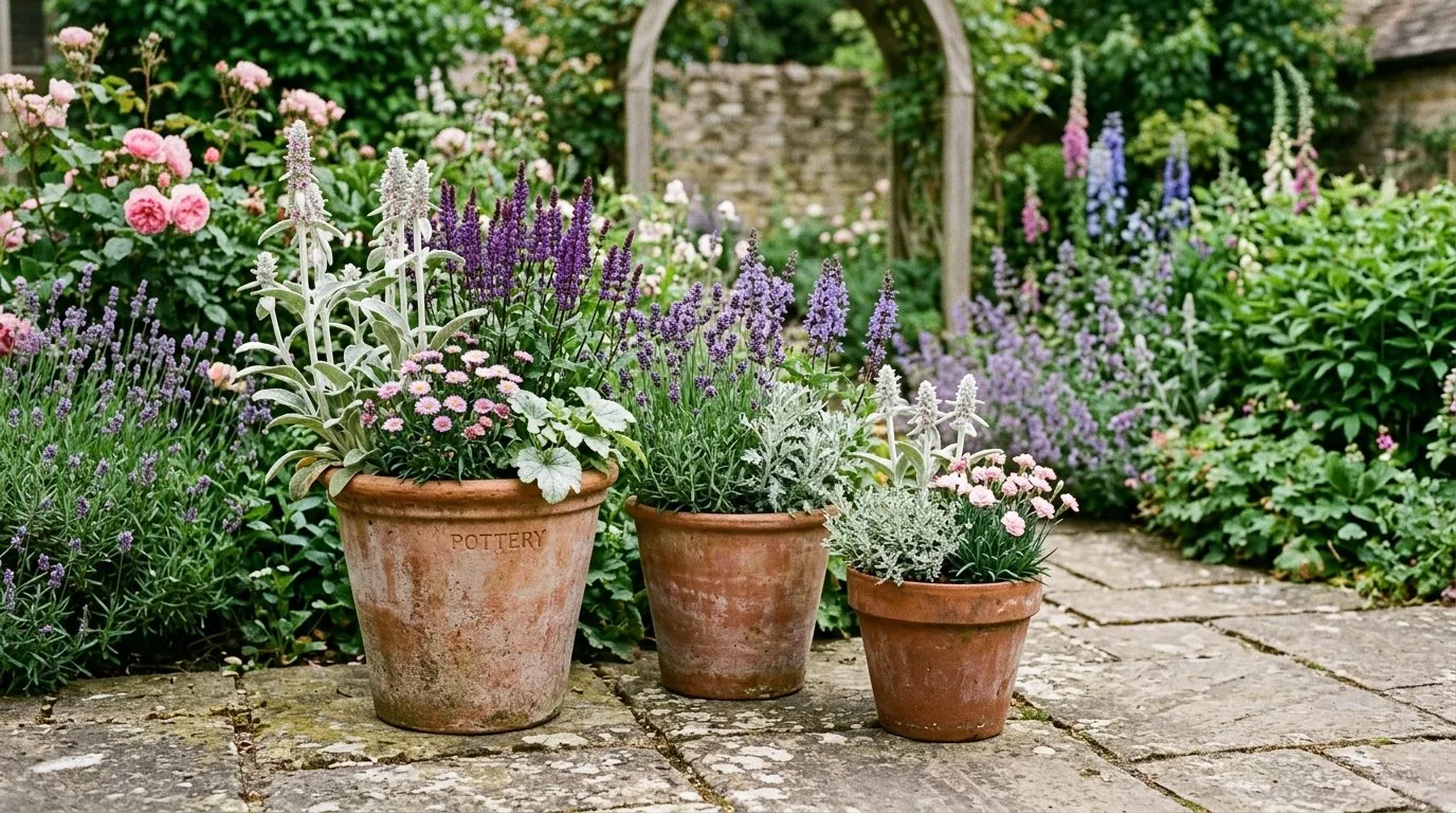 Three UK terracotta containers grouped at varying heights on a paved patio with coordinated planting in pinks and silvers featuring lavender salvia and stachys