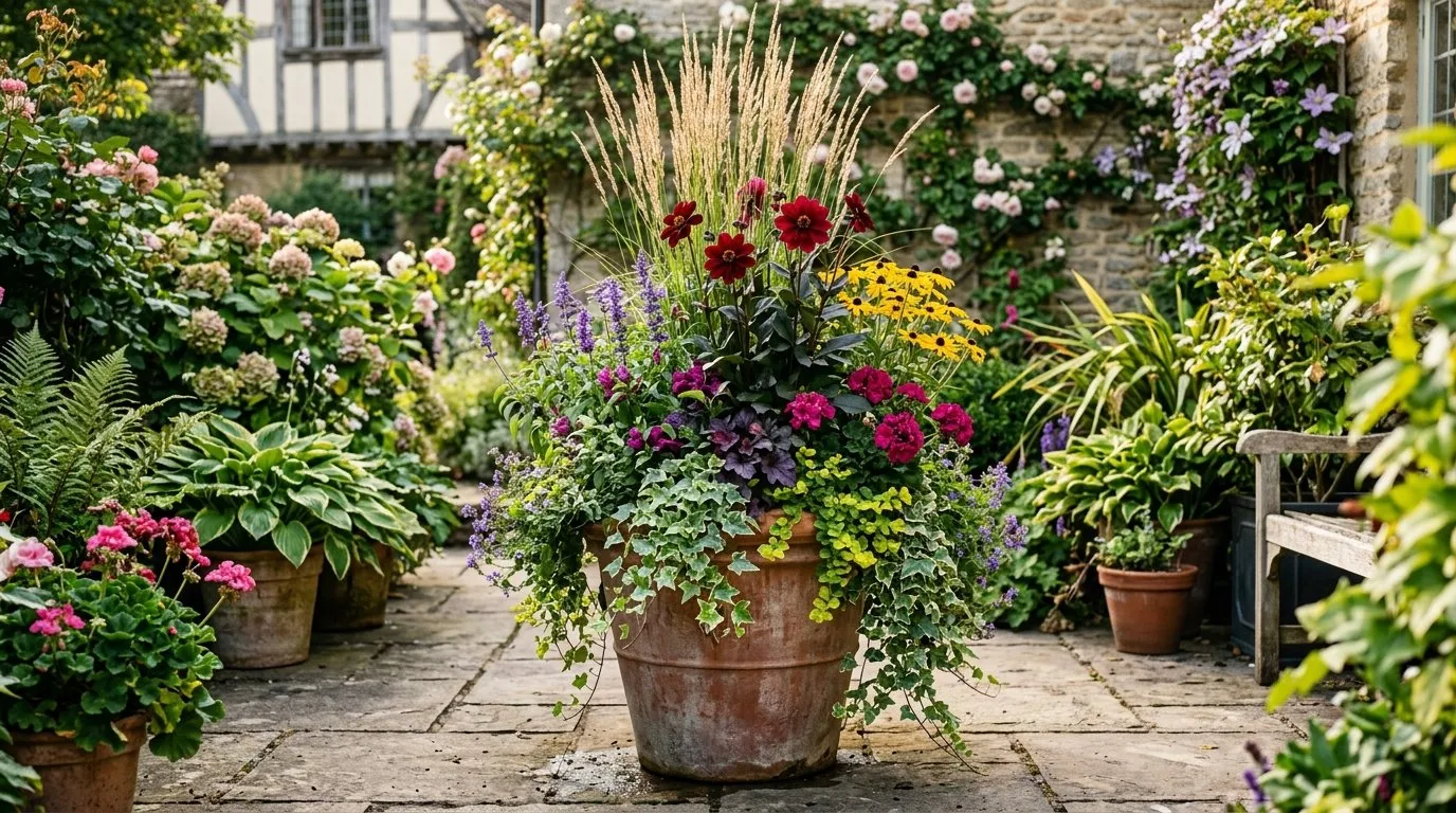 Beautifully designed UK container combination on a paved patio with large terracotta pot planted with thriller filler spiller method using ornamental grass dahlia and trailing ivy