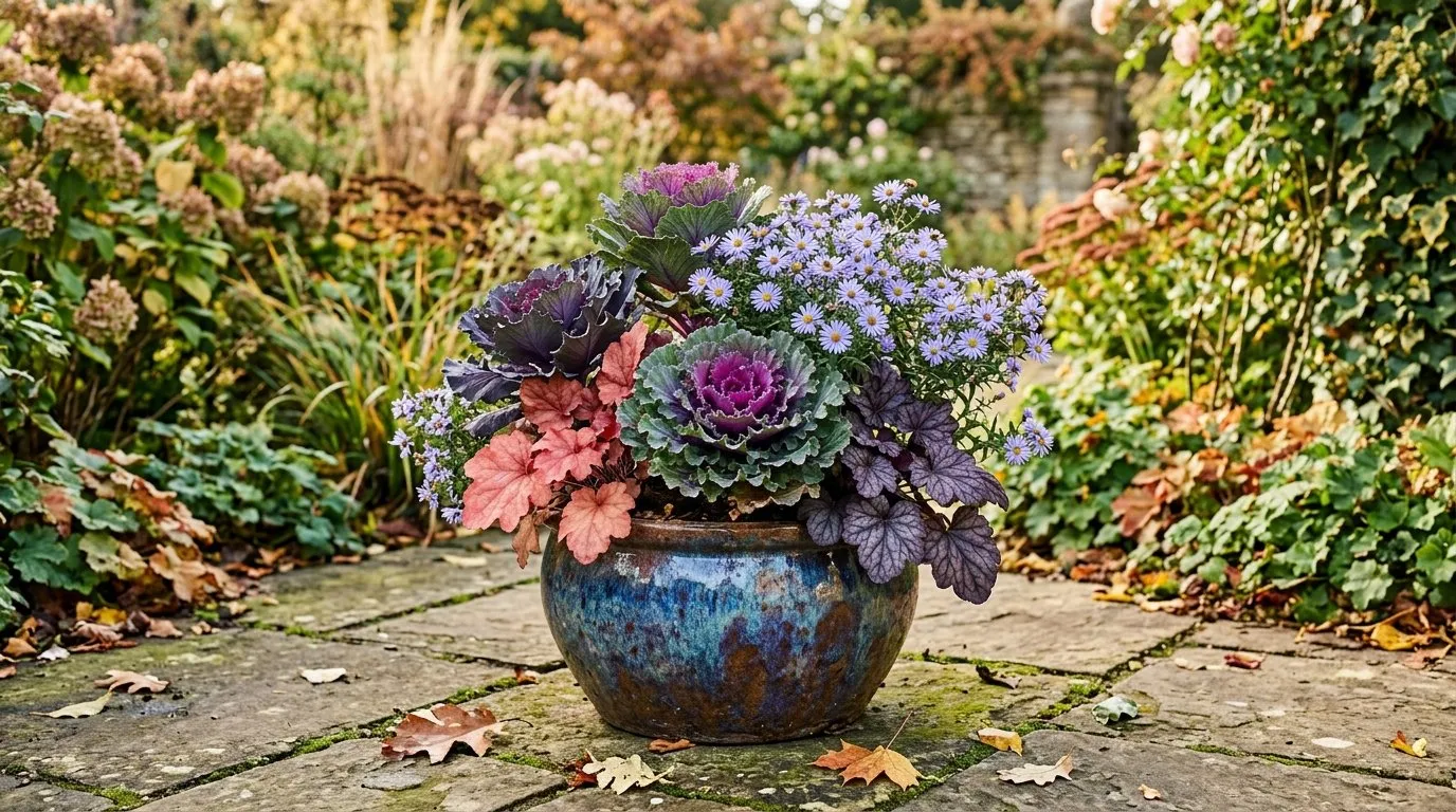 Autumn UK container combination featuring ornamental kale heuchera and asters in a glazed pot on a paved patio with warm autumn daylight