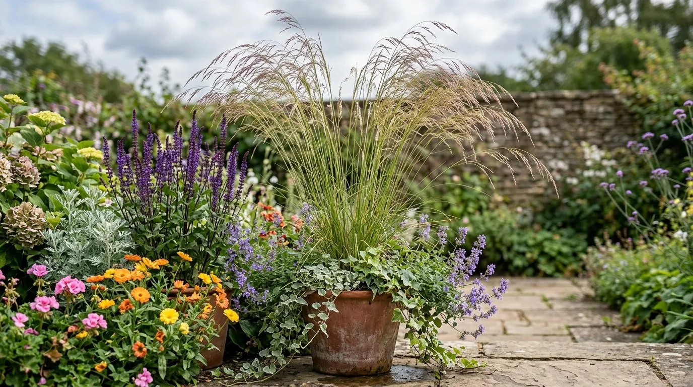 Tall ornamental grass Stipa gigantea as the thriller centrepiece in a UK container combination surrounded by mid-height perennials and trailing plants