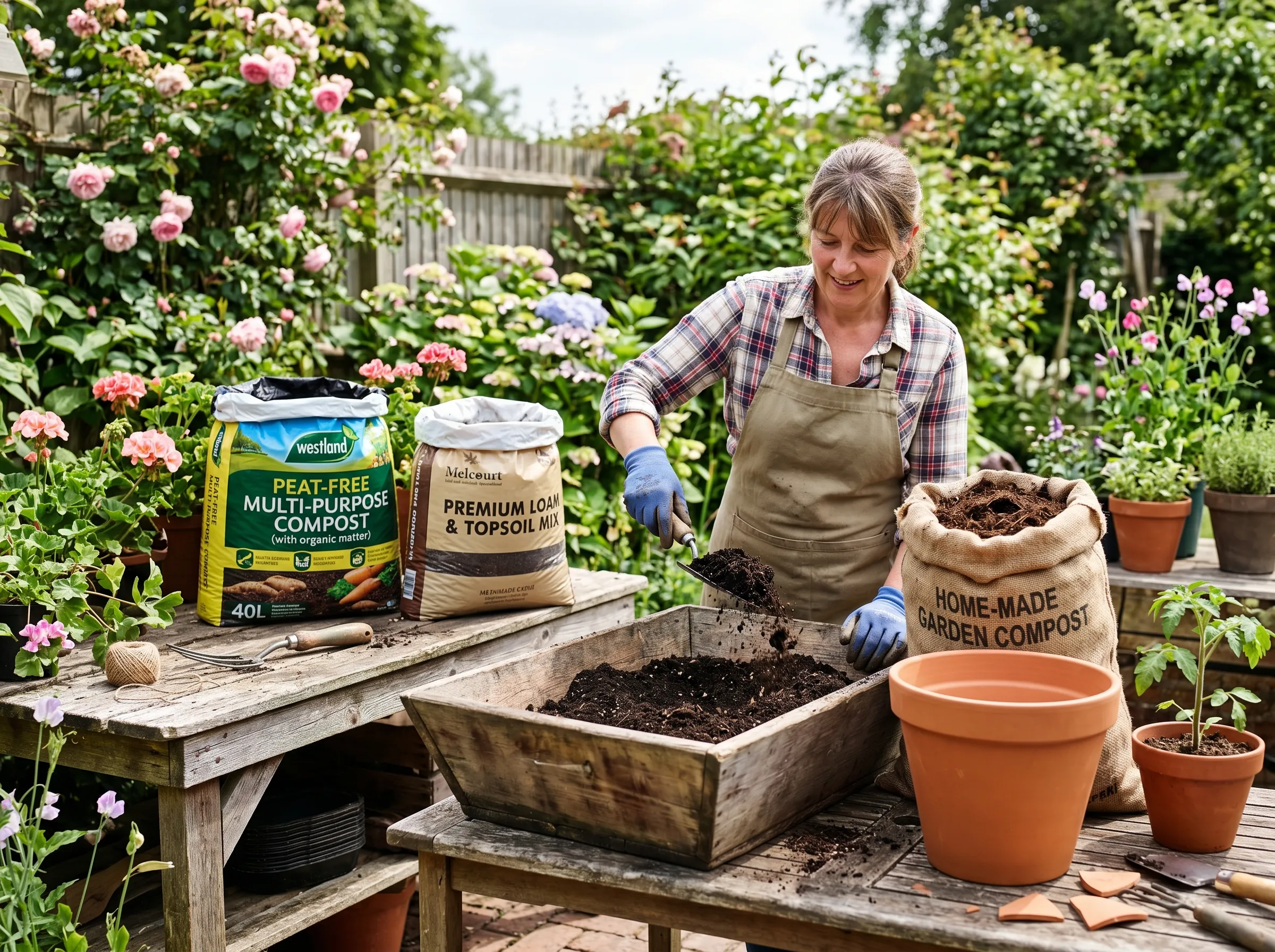 UK gardener mixing compost on a patio - bags of peat-free multi-purpose, topsoil and home-made compost laid out next to a clean 30l pot ready for tomato planting