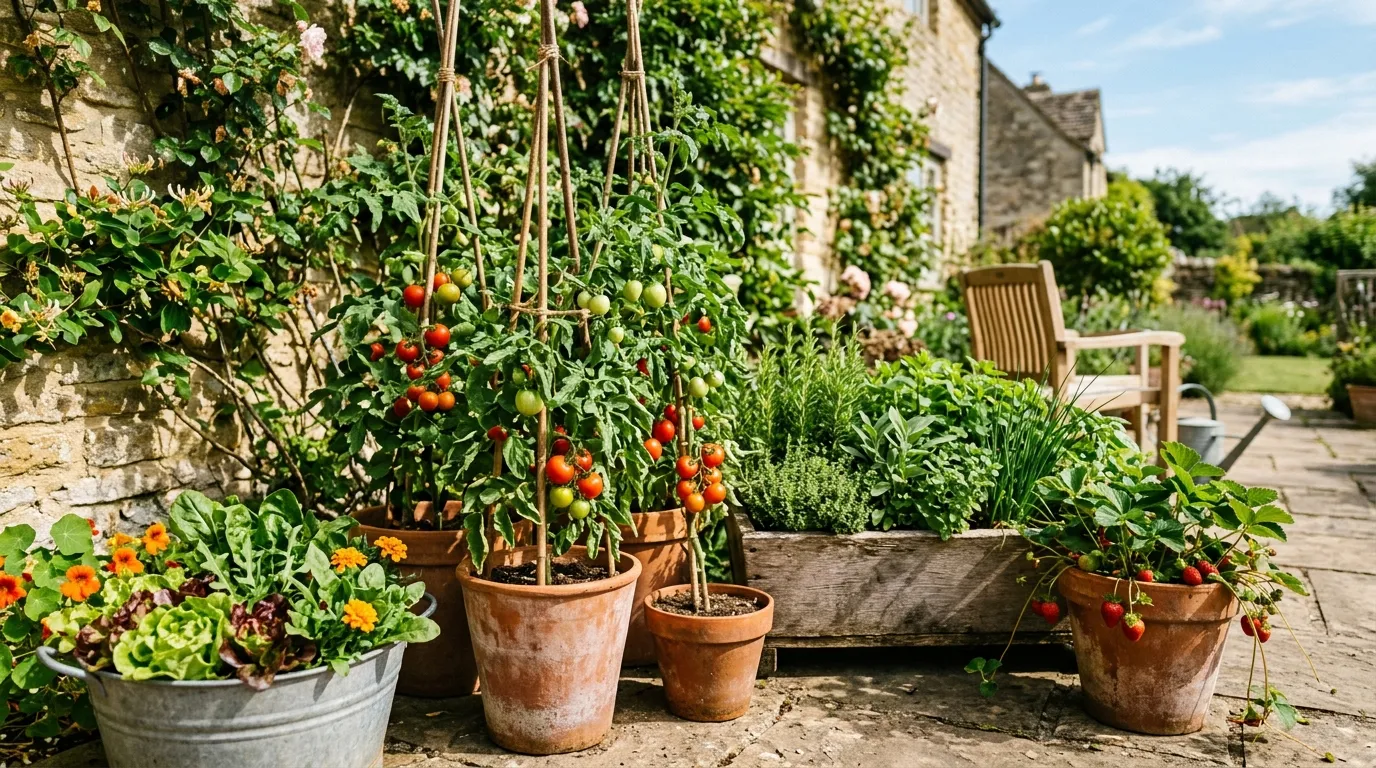 Container garden with vegetables and herbs on a sunny UK patio