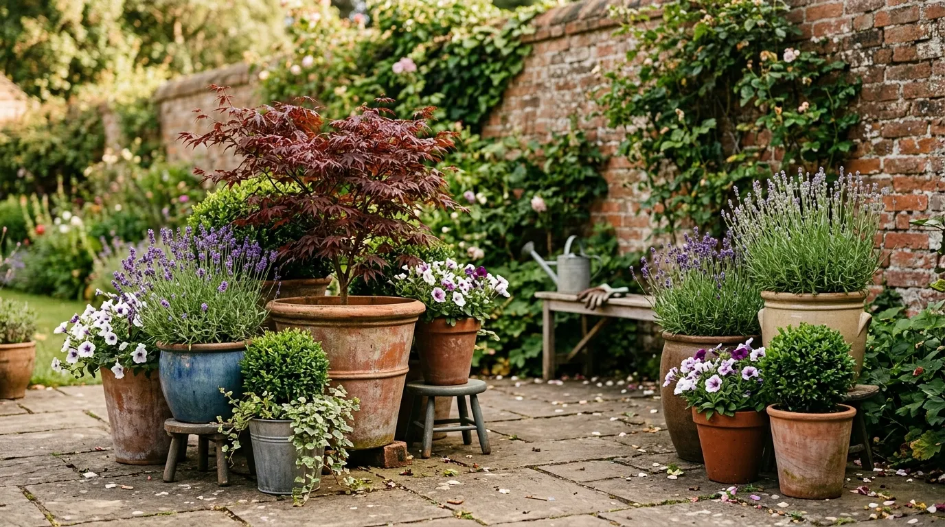 Container gardening display with mixed pots on a UK patio in summer
