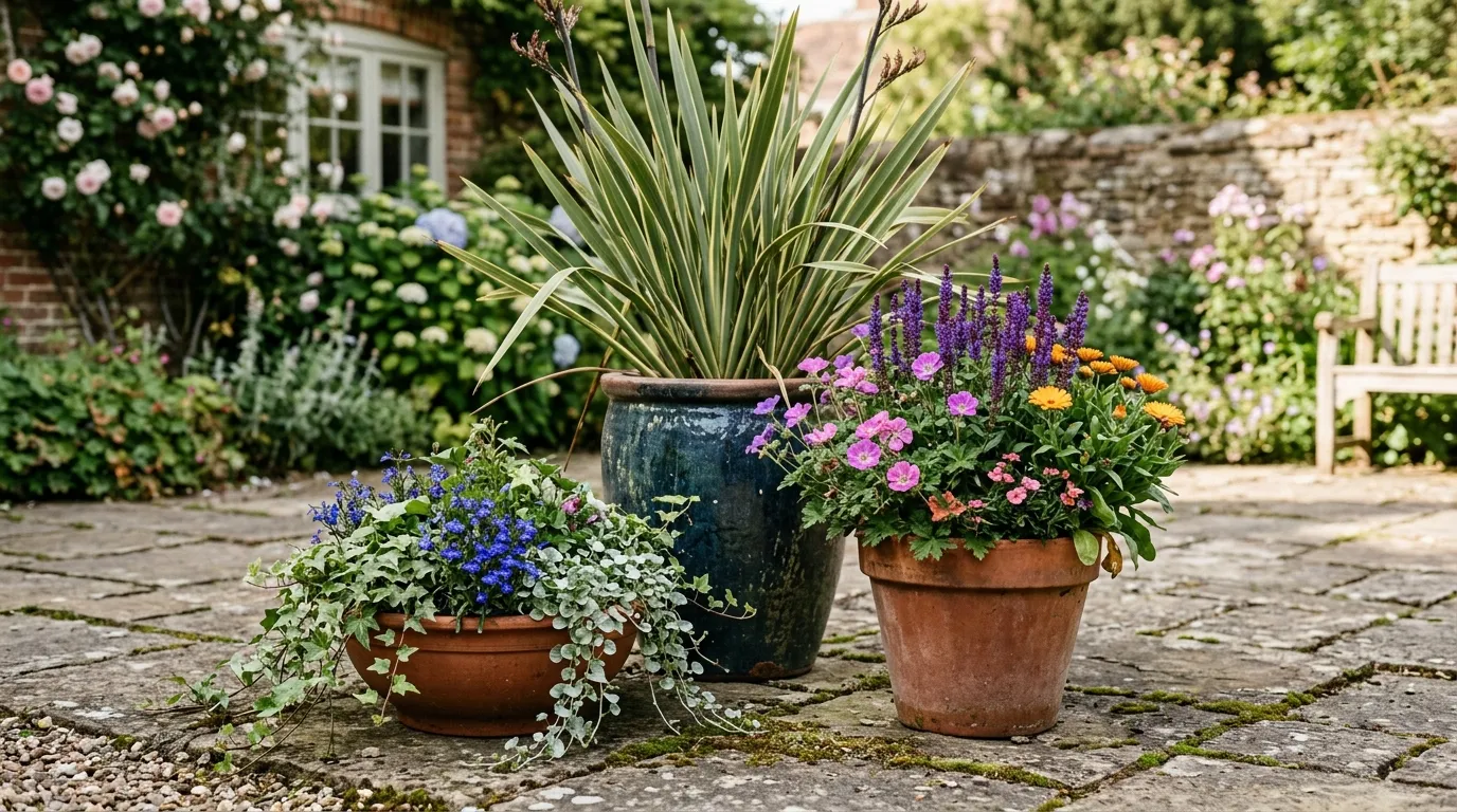 Terracotta and glazed containers grouped on a UK patio