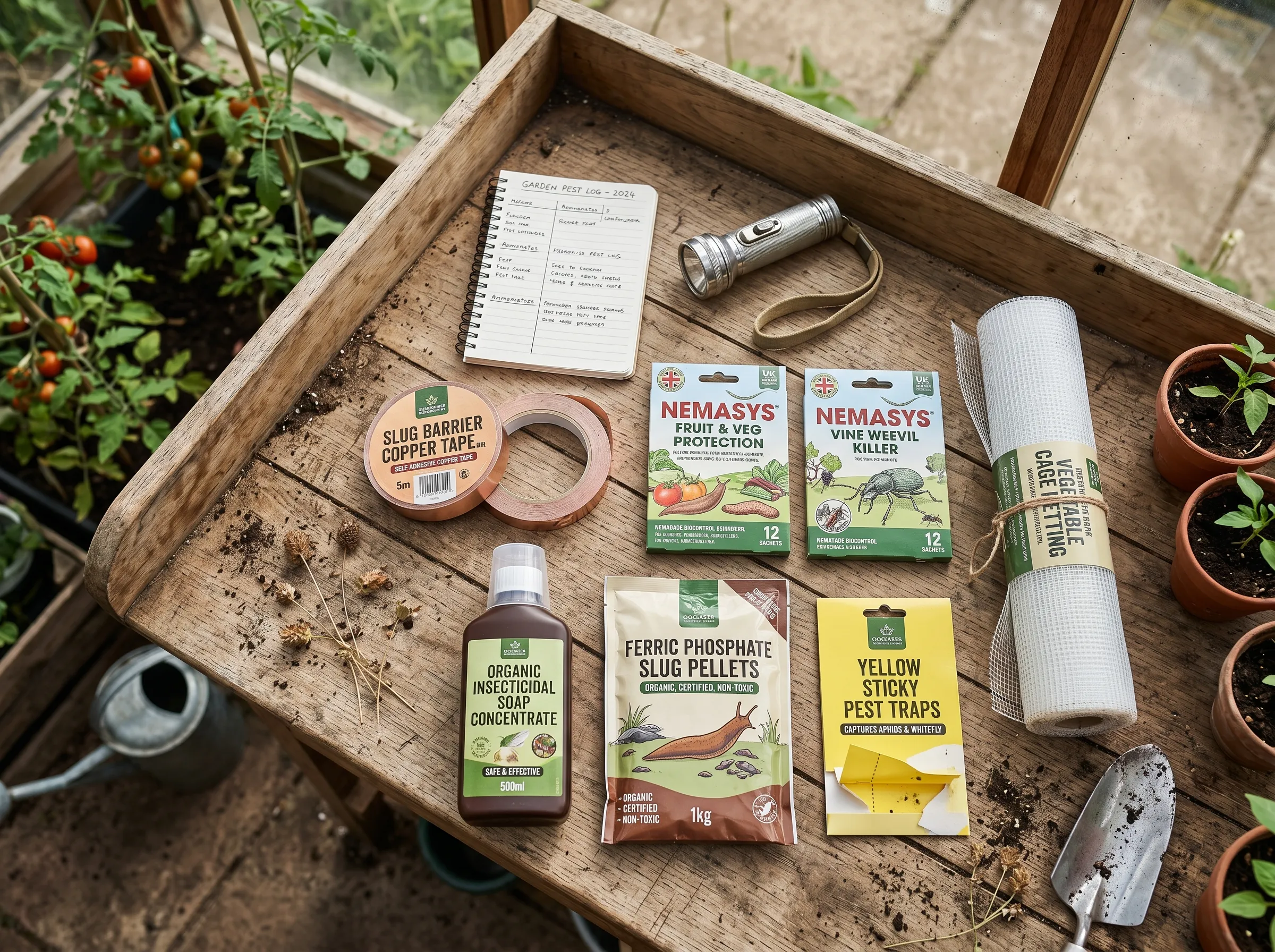 UK gardener's seasonal pest defence kit laid out on a wooden bench - rolls of copper tape, packs of nematodes, fine mesh netting, insecticidal soap concentrate, sticky traps, hand-picking torch, all the components for a year's protection of 30-40 containers