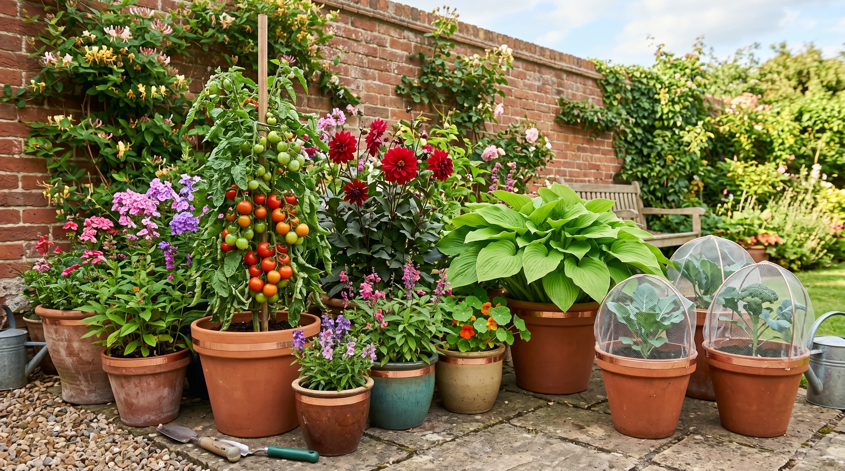 UK patio container display showing healthy unblemished plants protected with copper tape on pot rims and fine mesh covers, healthy tomatoes and dahlias visible, sunny afternoon