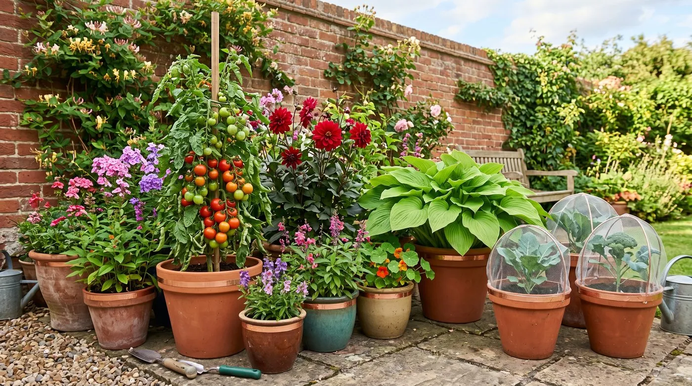 UK patio container display showing healthy unblemished plants protected with copper tape on pot rims and fine mesh covers, healthy tomatoes and dahlias visible, sunny afternoon