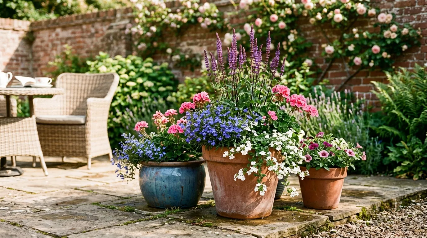 Container planting display with colourful flowers on a sunny UK garden patio