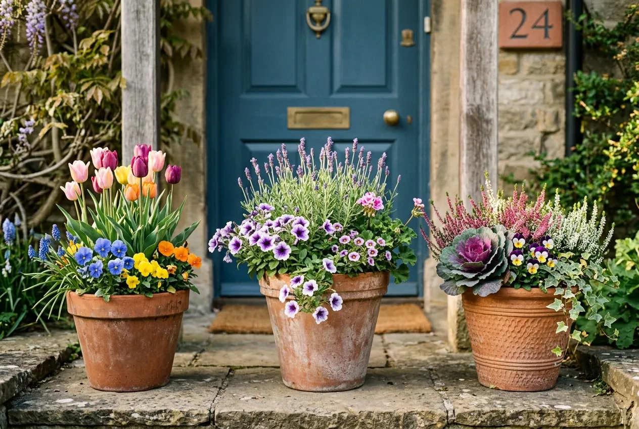 Seasonal container planting displays outside a UK front door showing spring, summer, and autumn pots