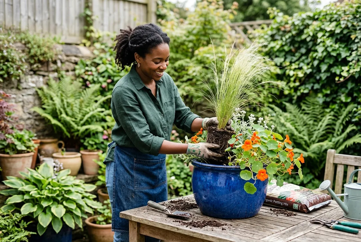 Container planting using the thriller-filler-spiller technique with ornamental grass, trailing flowers, and bushy fillers