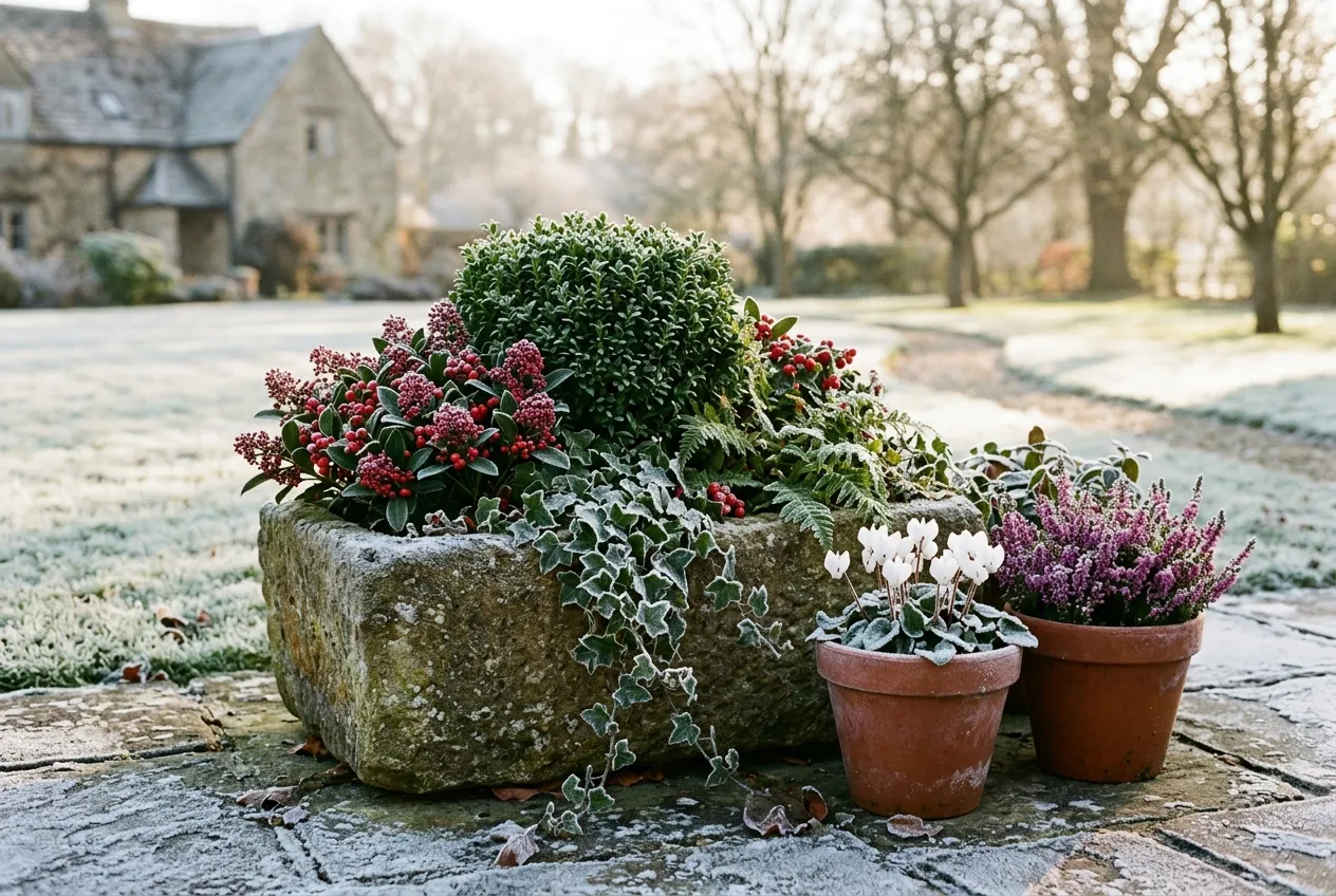 Winter container planting with evergreen box, red skimmia berries, and trailing ivy on a frosty UK patio