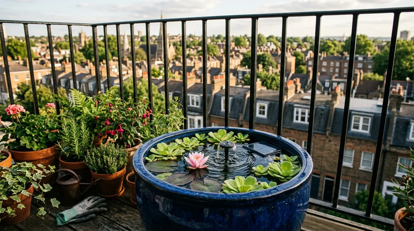 Container pond on a small balcony with solar fountain and marginal plants