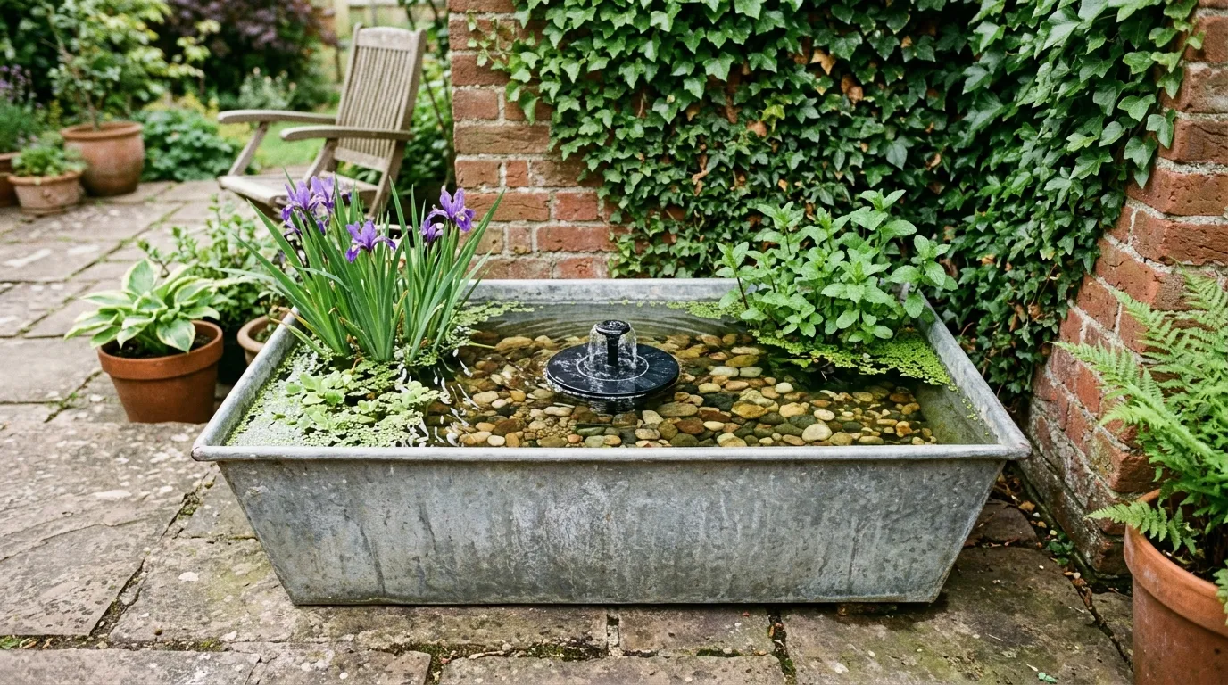 Container pond in a galvanised trough with marsh marigold and water forget-me-not on a UK patio
