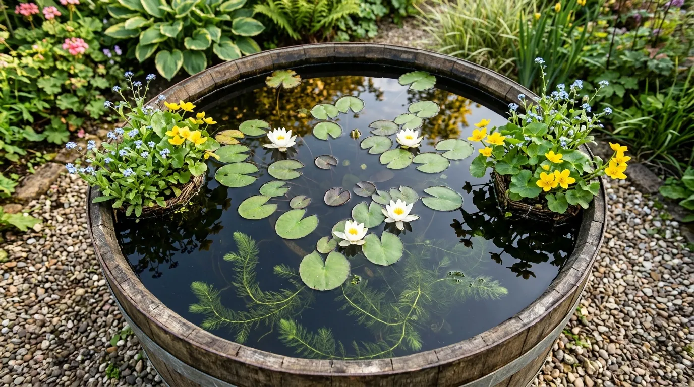 Container pond with miniature waterlily and iris in a half barrel in a UK cottage garden