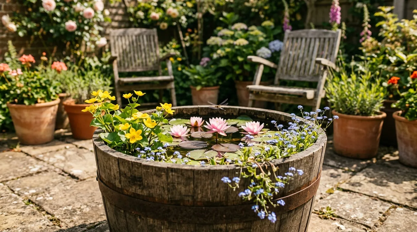 Container pond ideas in a small UK garden with aquatic plants and a half barrel water feature on a stone patio