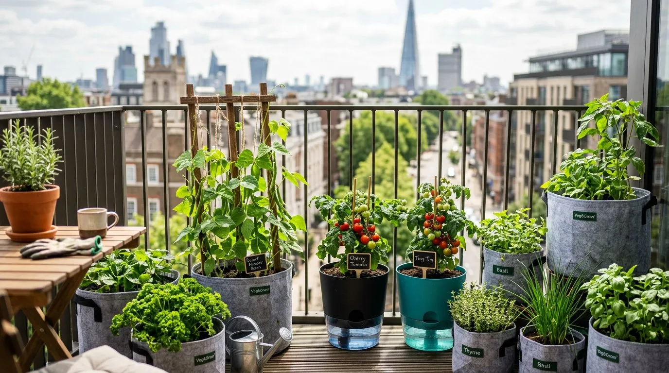 UK balcony garden with vegetables in fabric grow bags and self-watering containers