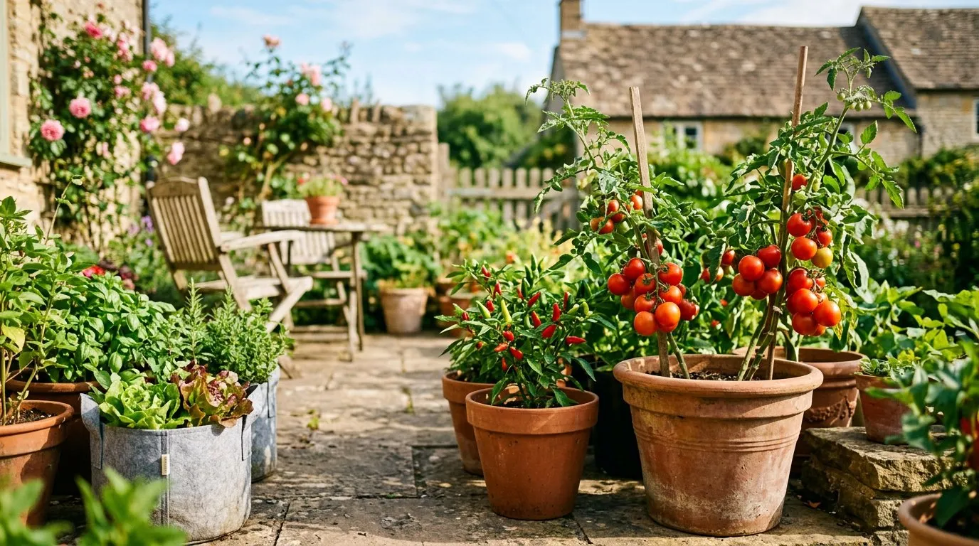 Sunny UK patio with container-grown tomatoes, chillies, lettuce, and herbs in warm afternoon light